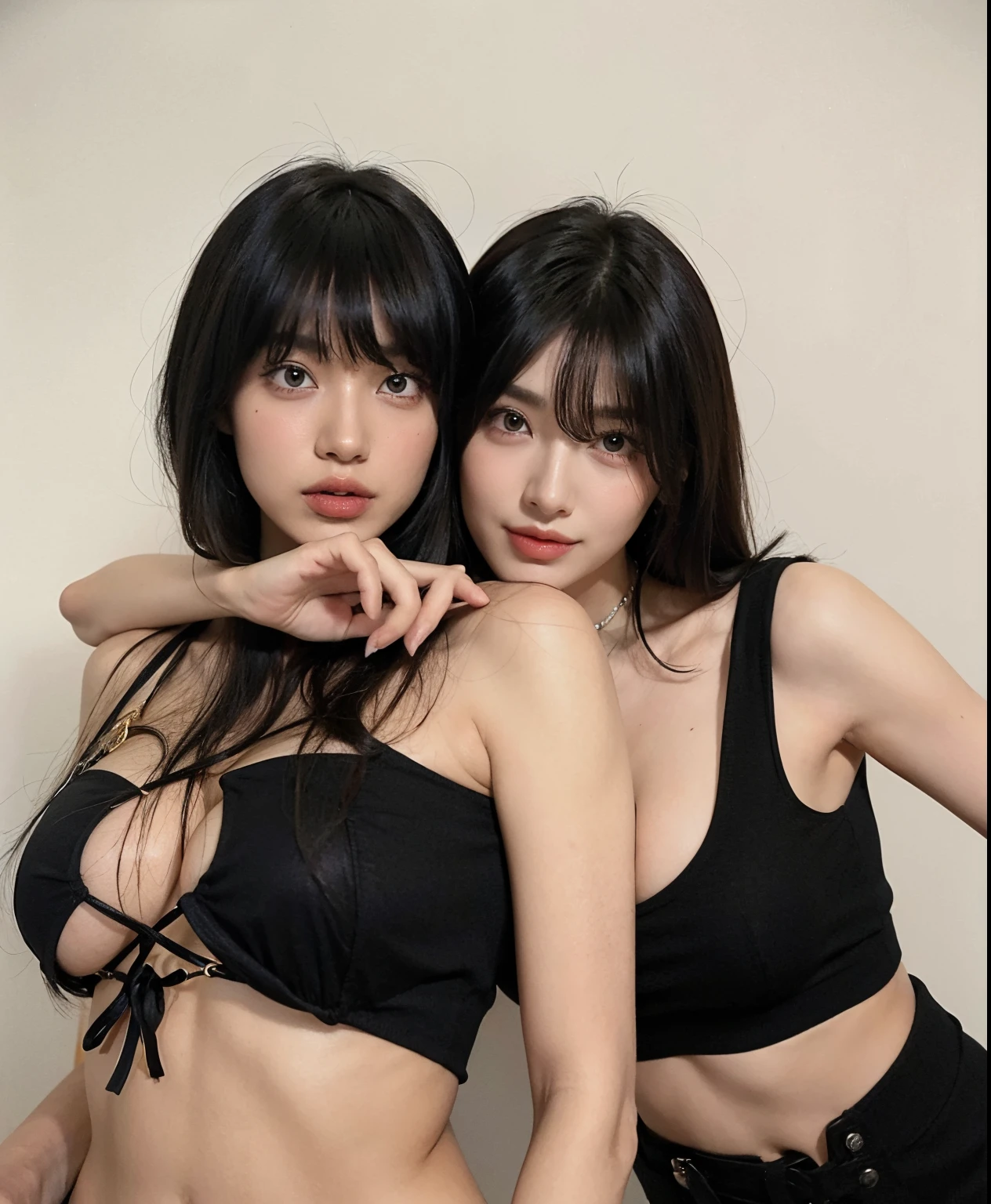 Two women in black blouses posing for a photo in a room., posando juntos en sujetador, beautiful gemini twins, Hermoso retrato de Geminis Twins, Ella tiene el pelo negro con flequillo, foto de perfil, inspirado por Wang Duo, con una gemela, Ayami Kojima y Lyde Caldwell, Dos modelos en el marco, con negro, dos chicas, gemelos, Hermosos gemelos Sci - Fi