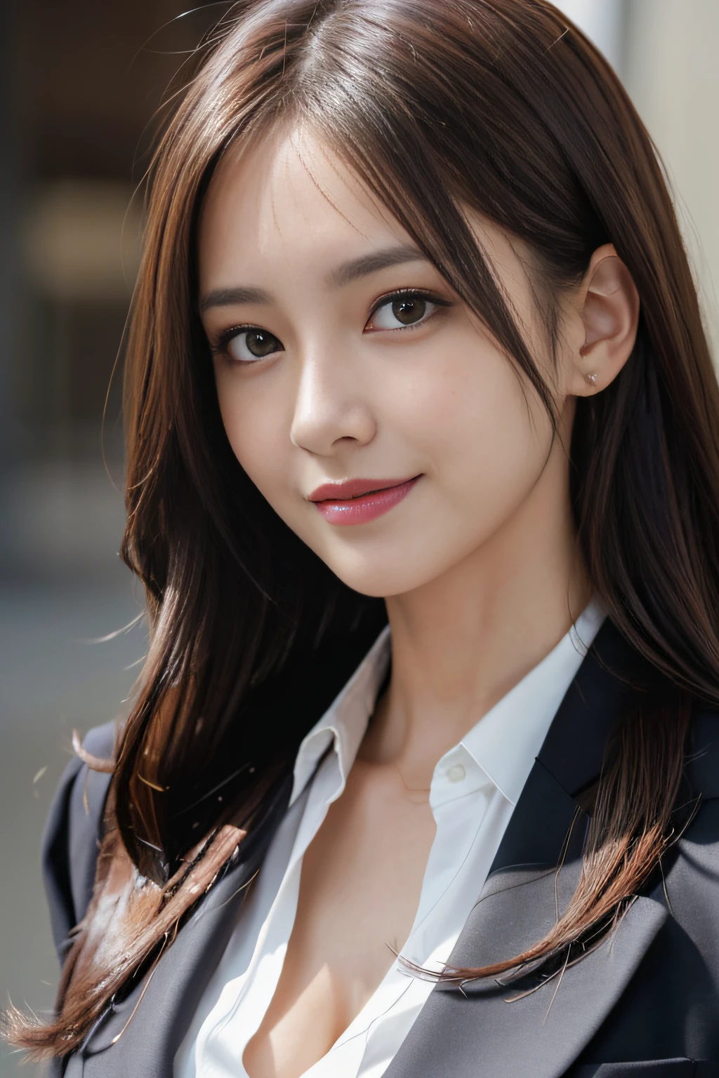 masutepiece, Best Quality, Photorealistic, Ultra-detailed, finely detail, High resolution, 8K Wallpaper, 1 beautiful woman,, light brown messy hair, in a business suit, foco nítido, Perfect dynamic composition, Beautiful detailed eyes, detailed hairs, Detailed realistic skin texture, Smiling, Close-up portrait, Model body type