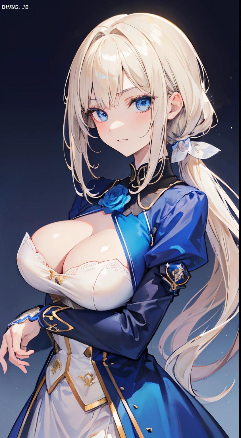 18 year old beautiful girl, Big blue eyes, Large breasts, Petite and slender, in 8K, of the highest quality, (Highly detailed head: 1.0), (Very detailed face: 1.0), (very detail hair: 1.0),tailcoat, Blue Rose, Detailed official artwork, anime moe art style, clean detailed anime art, confident grin, ((Light beige hair,)),(thin low ponytail cut hair)