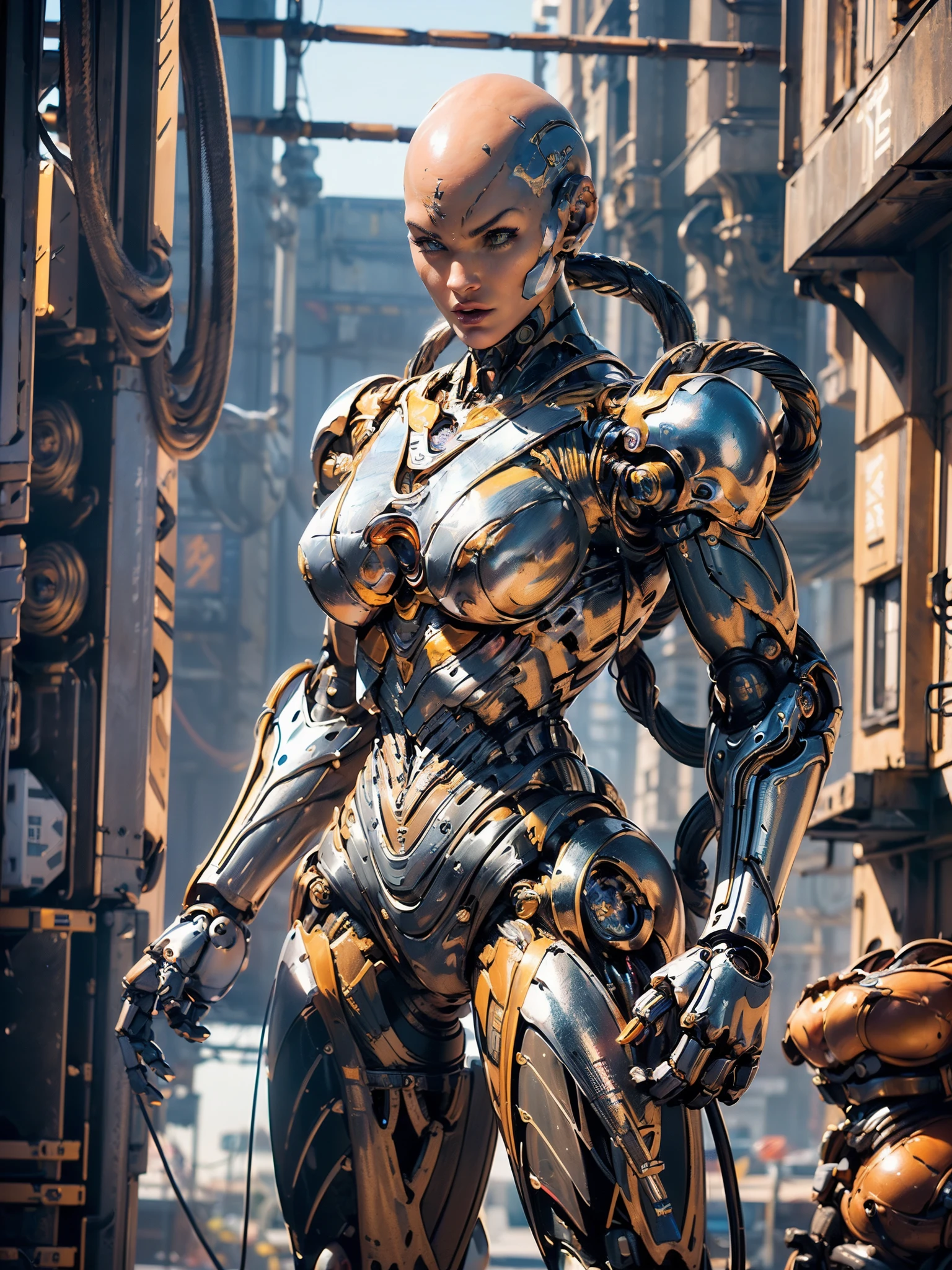 (beautiful muscular female cyborg:1.25), (megan-fox:1.5), (full body pose), (metallic muscular armor:1.5), (no hair), (bald head covered in cables:1.5), (robotic mechanical physique:1.5), (super muscular female cyborg:1.5), (covered in cables and mechanical muscles:1.5), (android muscular anatomy:1.5), (perfect fingers:1.25),(8k, RAW photo, photorealistic:1.25), sci fi atmosphere, futuristic dystopia, alien landscape,