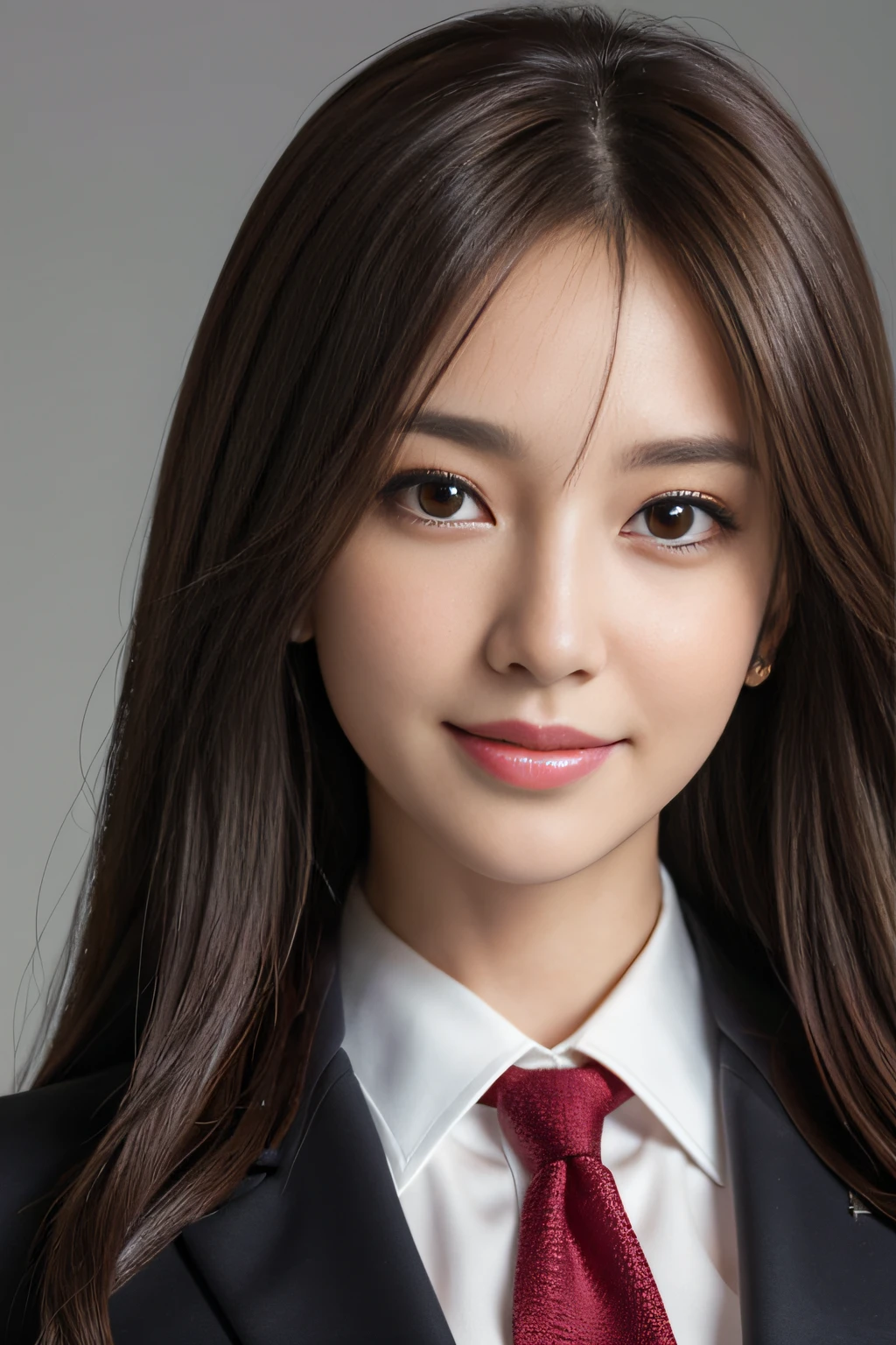 masutepiece, Best Quality, Photorealistic, Ultra-detailed, finely detail, High resolution, 8K Wallpaper, 1 beautiful woman,, light brown messy hair, in a business suit, foco nítido, Perfect dynamic composition, Beautiful detailed eyes, detailed hairs, Detailed realistic skin texture, Smiling, Close-up portrait, Model body type