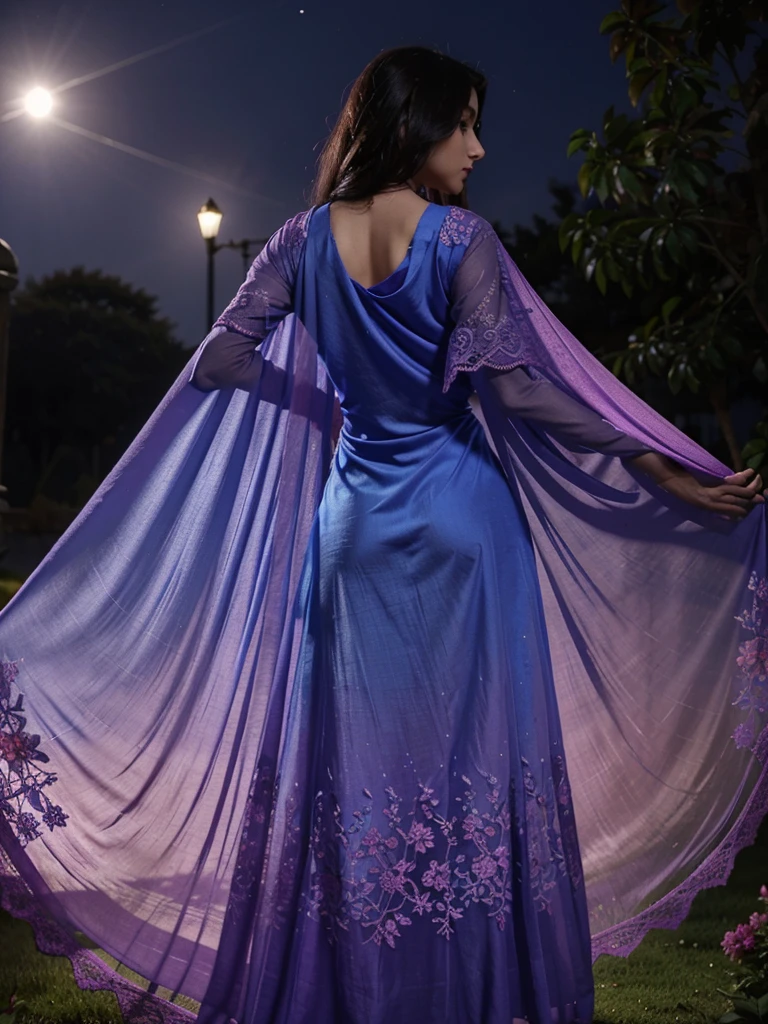 a beautiful  gradient magenta-blue plane georgette,silk , soft , smooth , fabric , chiffon,  and attractive  maxi  salvar and dupatta, 3d  blue flower lace , kept standing in the moonlight garden and focus on her