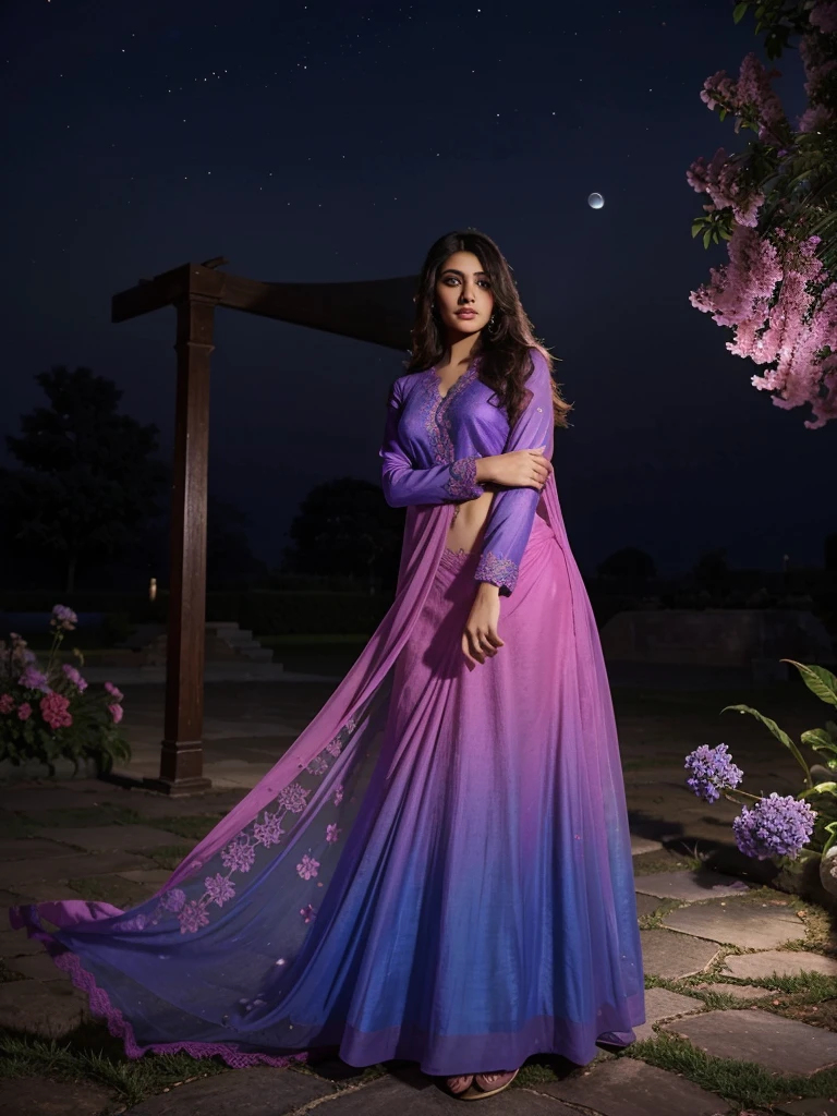 a beautiful gradient magenta-blue plane georgette,silk , soft , smooth , fabric , chiffon, and attractive maxi salvar and dupatta, 3d blue flower lace , kept standing in the moonlight garden and focus on her