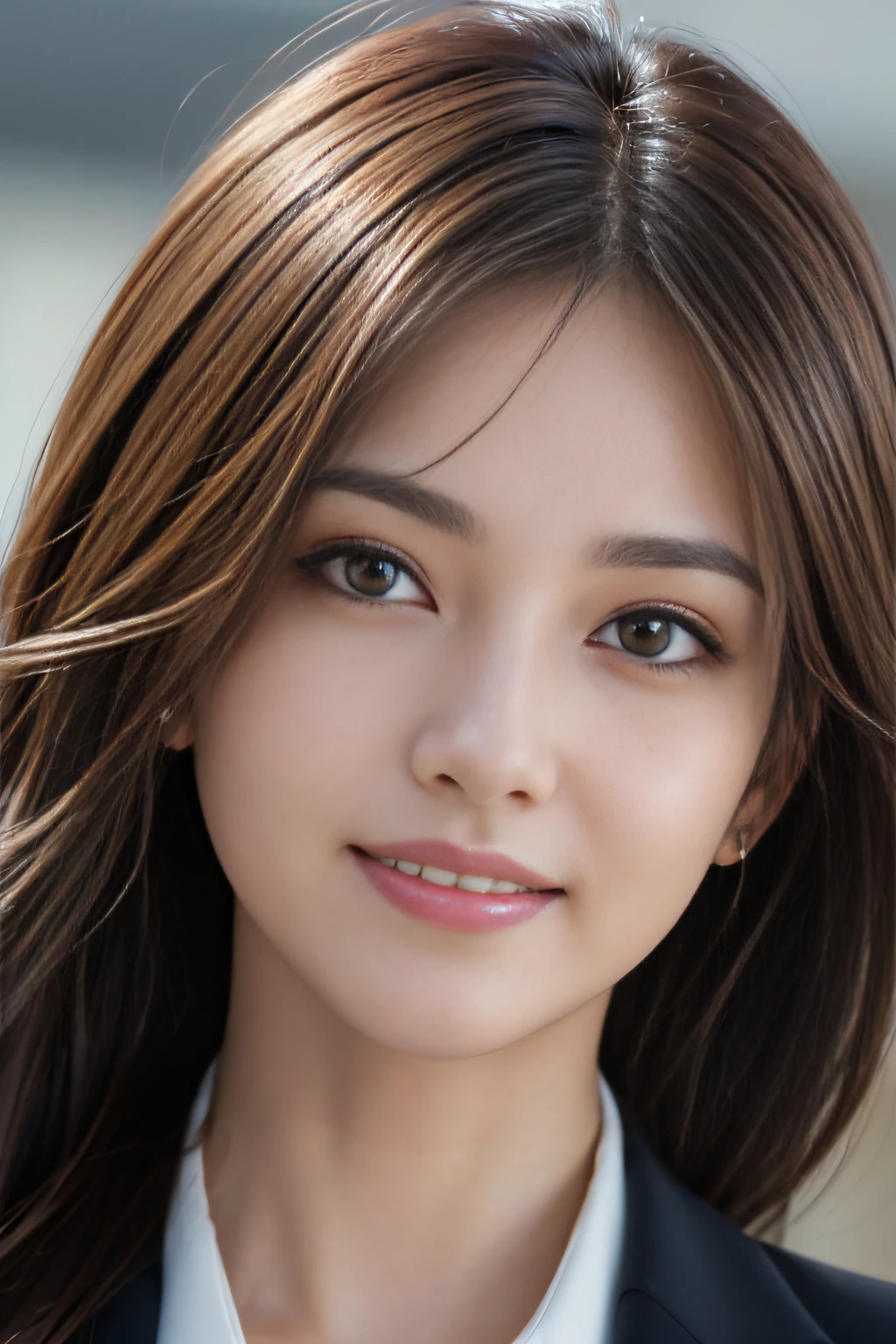 masutepiece, Best Quality, Photorealistic, Ultra-detailed, finely detail, High resolution, 8K Wallpaper, 1 beautiful woman,, light brown messy hair, in a business suit, foco nítido, Perfect dynamic composition, Beautiful detailed eyes, detailed hairs, Detailed realistic skin texture, Smiling, Close-up portrait, Model body type