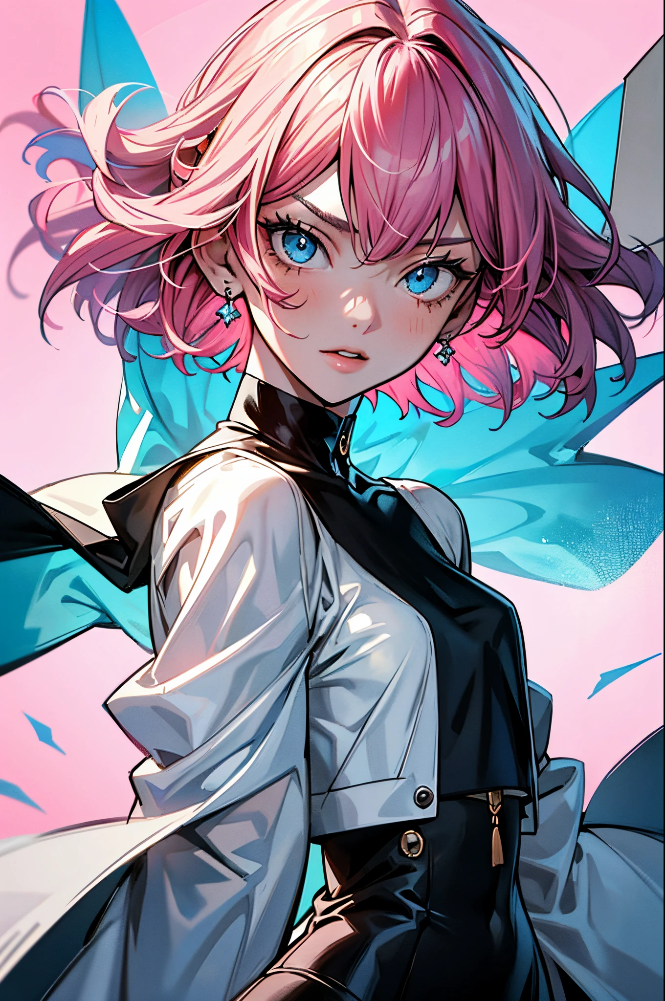 2line hair,short bob cut,solo,colofull,skirt,jacket,harajuku wear, blue eyes,{{{{monochrome,+++) }}}} ,colorful dissolution,white hair,pink background,{{{oil painting}}},{{{high detailed light, sharp sketch}}},{{{cyberpunk}}},{{{dynamic pose}}},strong twist body,{{{cute anime face loli}}},{{{dynamic angle}}},pop toon, hair inner color,many line in hair,{{{{limit palette}}}}, ,minute detailed,1girl,{{{album cover}}},looking at viewer,((floating hair)),offcial art,{{{beautiful detailed eyes}}},{{{beautiful detailed face}}},{{{beautiful detailed hair}}},{{{colorful background}}},{{{beautiful detailed wear}}}, limited color many particle,{{{+disheveled hair, wind}}}, hyper-detailed finger, beautiful detailed face, wavy hair, asymmetrical hair,
