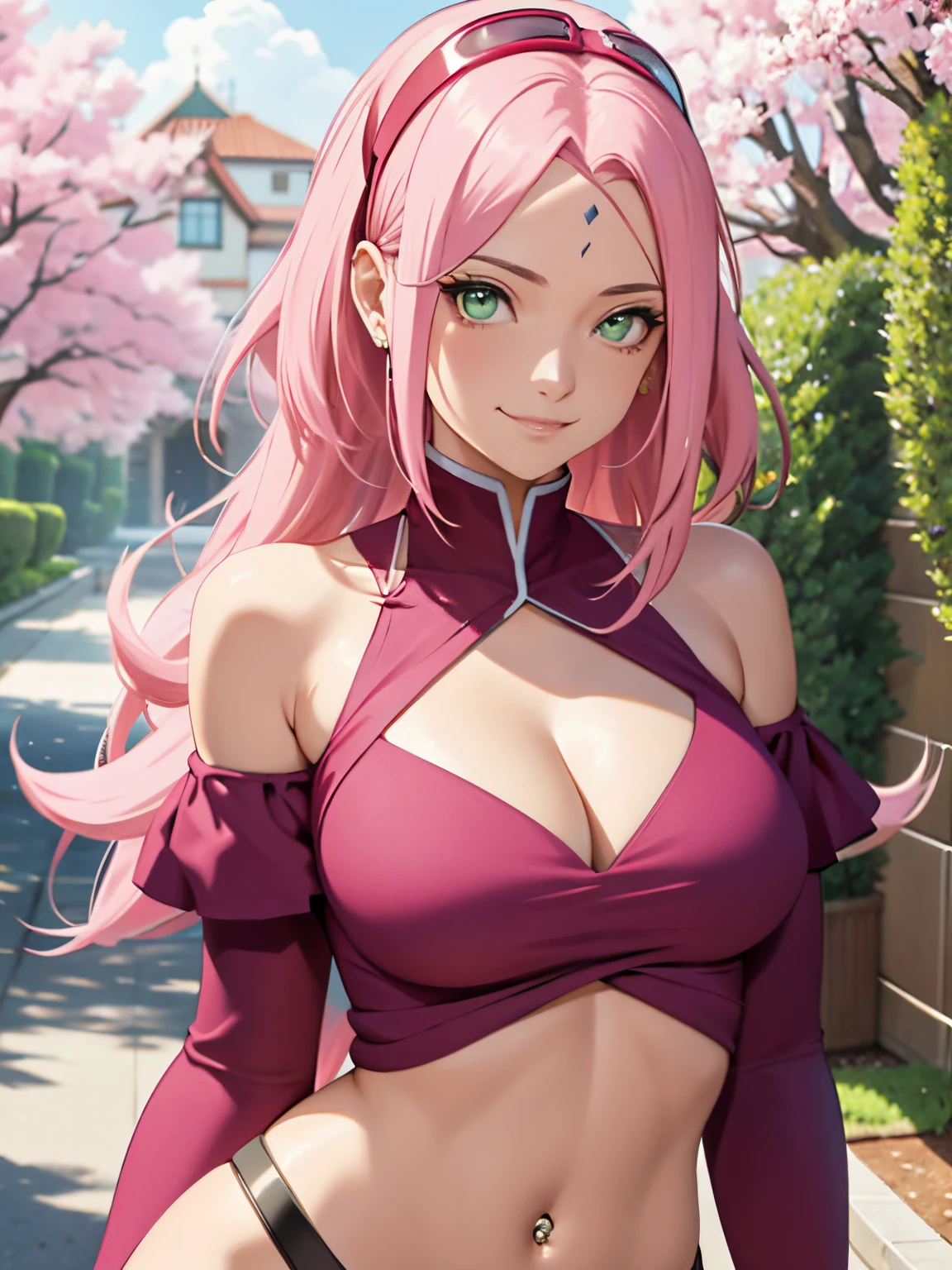 tmasterpiece, Best quality at best, 1girll, Sakura Haruno, Large breasts,Off-the-shoulder attire,(cleavage),(upperbody closeup),Raised sexy,nice navel, navel piercing, is shy,smile,with pink hair, long whitr hair, (Green eyeballs:1.4), Forehead protection, the cherry trees, wearing sexy pink tank top torn