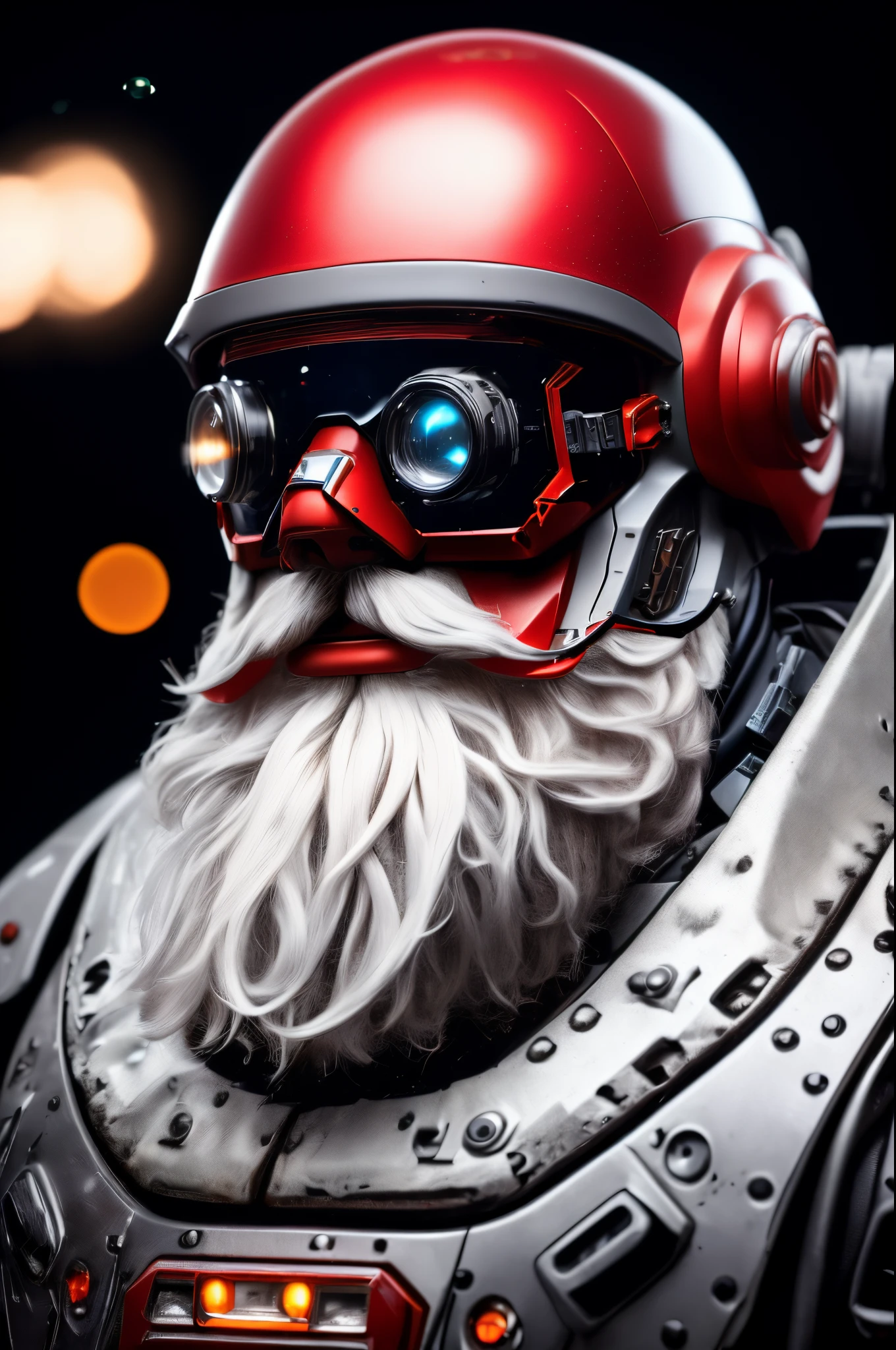 1boy,beard,black_background,facial_hair,ground_vehicle,old,old_man,realistic,science_fiction,solo,blurry,blurry_background,depth_of_field,vehicle_focus,lights,mecha,bald,mustache,red_eyesarmor,glowing,goggles,helmet,cannon,portrait,robot,space,spacesuit,machinery,looking_at_viewer,star_(sky),red_headwear,retro_artstyle,
(8k, RAW photo, best quality, masterpiece:1.2),(photorealistic, realistic:1.4),