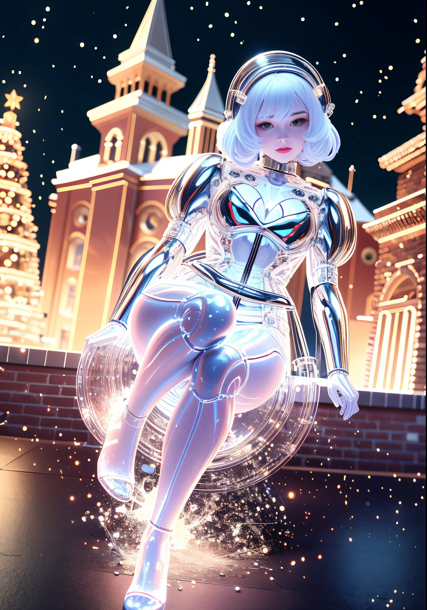 1 Transparent Glowing Christmas Mechanical Girl,Futuristic girl,Mechanical Union Christmas City Background,model shoot style, (extremely detaild的 CG unified 8k wallpapers), The beauty of abstract style,,hyper realisitc, 8K, super detailing, Best quality, Award-Awarded, Anatomically correct, 16k, super detailing