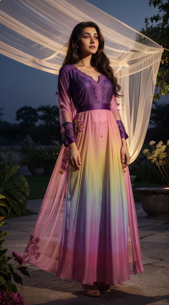 a beautiful  gradient magenta-yellow plane georgette,silk , soft , smooth , fabric , chiffon,  and attractive  maxi  salvar and dupatta, 3d  blue flower lace , kept standing in the moonlight garden and focus on her
