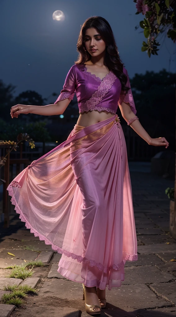 a beautiful gradient magenta-yellow plane georgette,silk , soft , smooth , fabric , chiffon, and attractive maxi salvar and dupatta, 3d blue flower lace , kept standing in the moonlight garden and focus on her