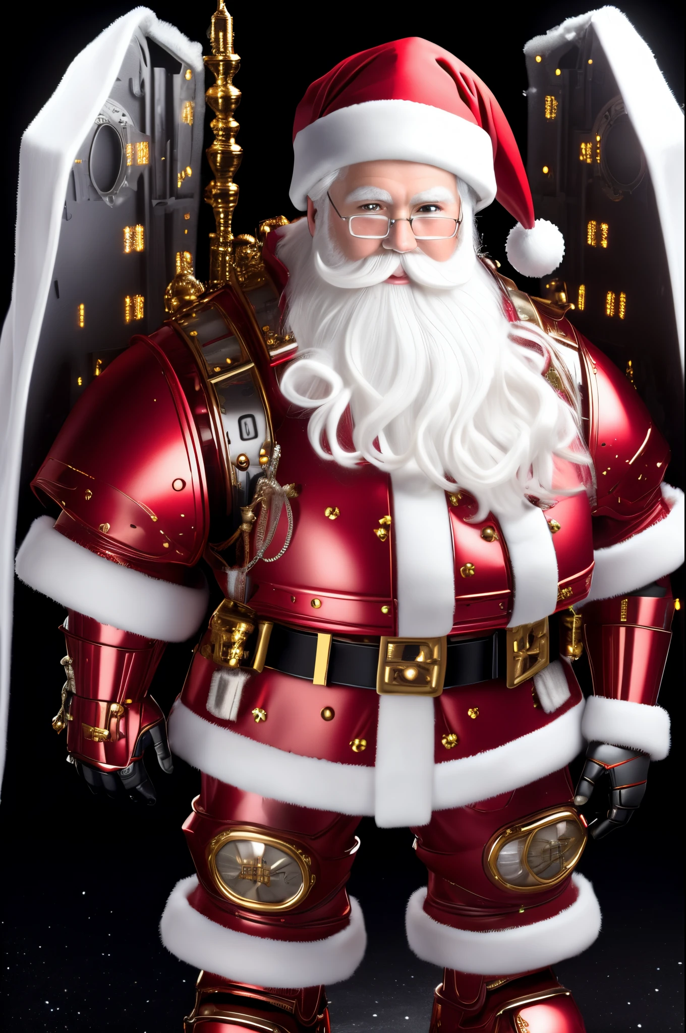 Father Christmas,1boy, armor, black background, clenched hands, full body, glowing, goggles, solo, standing, transparent background