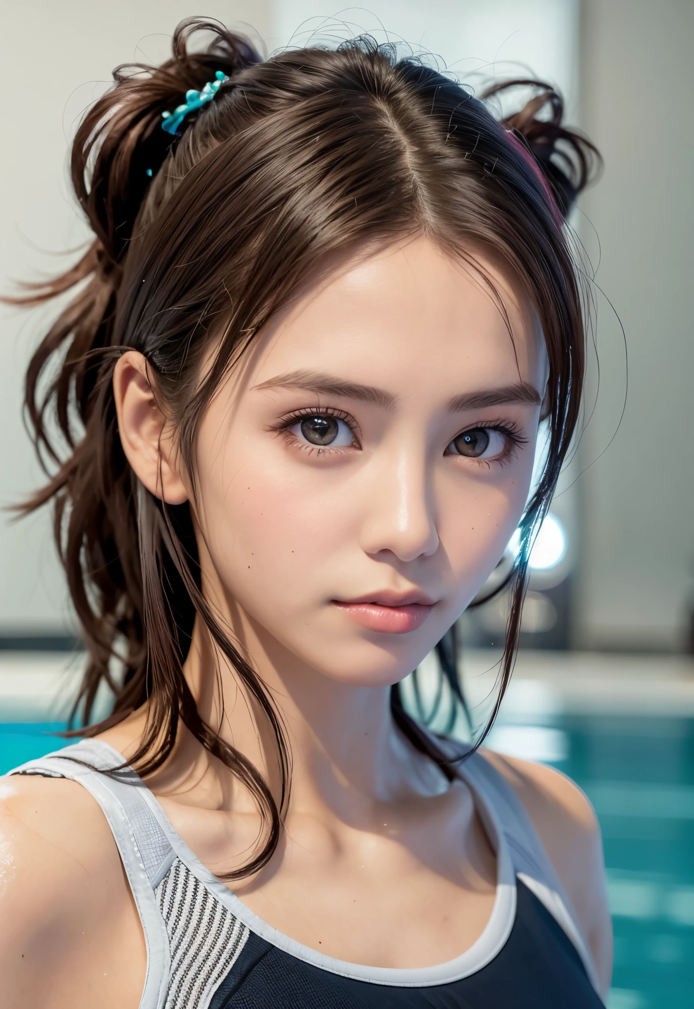8K, of the highest quality, masutepiece:1.2), (Realistic, Photorealsitic:1.3), of the highest quality, masutepiece, Beautiful young woman, Pensive expression, Thoughtful look, Competitive swimmers、swim wears、Hair tied back, Cinematic background, Light skin tone、wetted skin