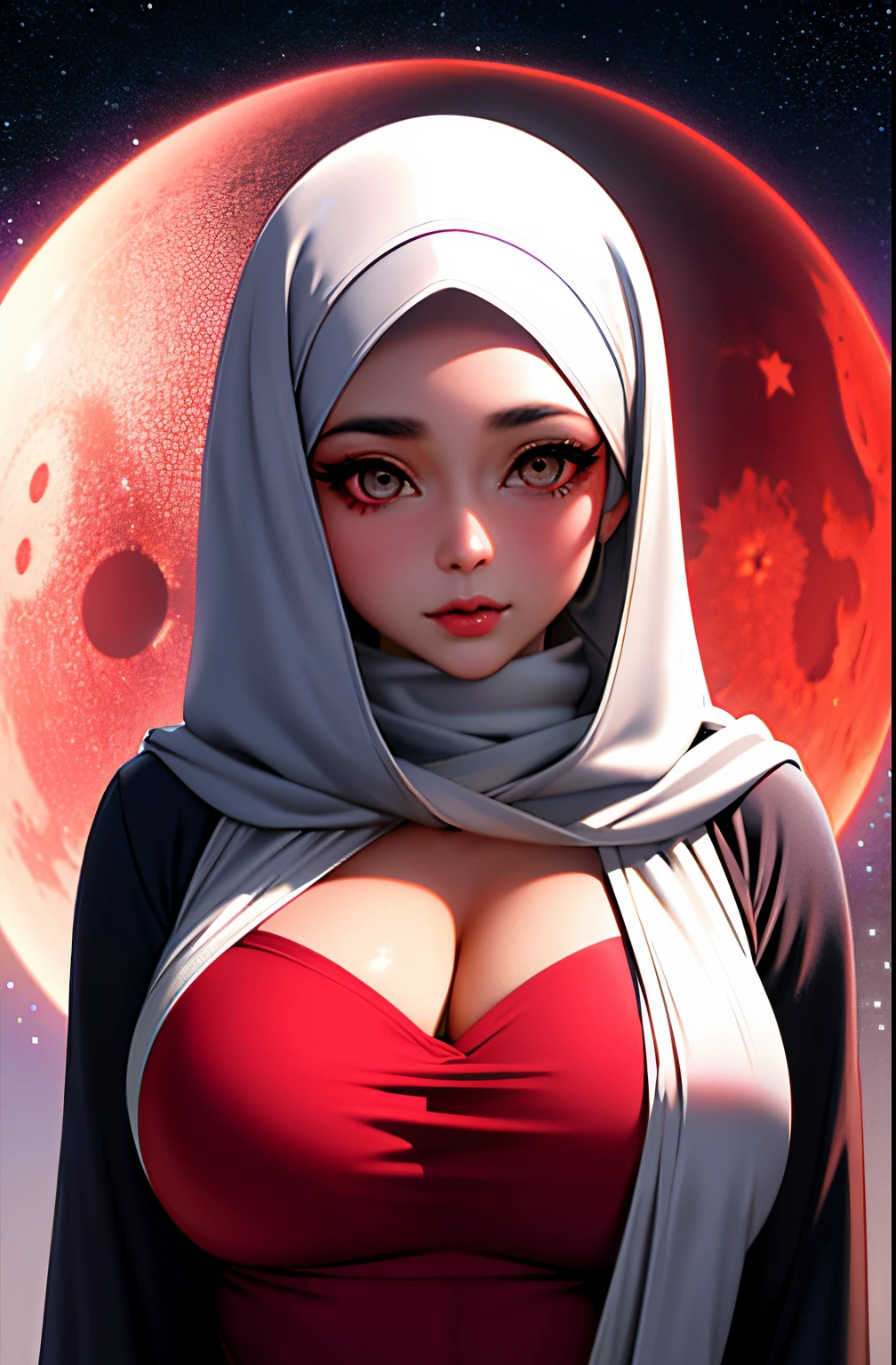 hijabi, cleavage, 1girl, beautiful face, ((white eyes)), sexy pose, Red moon in the background, stars, space, (lightroom:1.13), soft light, (natural skin texture:1.2), (hyperrealism:1.2), sharp focus, focused