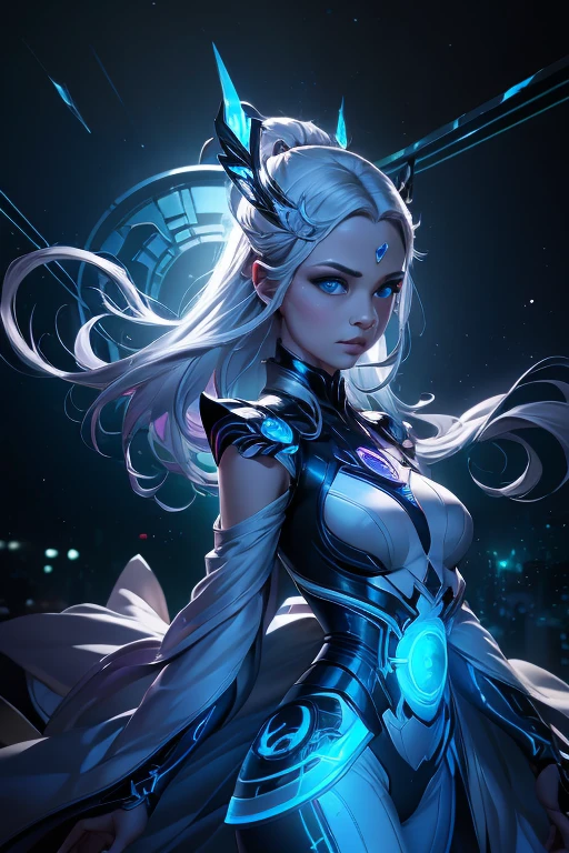 My friends, let me paint for you a vivid picture of a fantastically beautiful girl from the future, a vision that embodies the essence of cyberpunk, technology, and biopunk. Close your eyes and let your imagination run wild as I describe this mesmerizing cyber oracle., In this futuristic world, technological progress has seamlessly merged with the human form, giving rise to a breathtaking display of artistry and innovation. Our cyber oracle is the true embodiment of this harmonious fusion., Her porcelain skin glows with a subtle light, a testament to the complex network of bioluminescent implants that leave graceful patterns on her body. These delicate lines of light shimmer and dance, revealing a breathtaking symphony of colors that shift and change in harmony with her emotions., Her eyes, the windows of her cybernetic soul, sparkle with an otherworldly glow. Tiny diodes flicker in the iris, emitting a mesmerizingly beautiful glow that captivates everyone who meets its gaze. They hold wi, white hair, light blue hair, mini top hat, hairclip, hair ornament, Gothic art, diffraction spikes, three sided view, fake scrollbar, Surrealism, high detail, Futurism, modern, modern, Gothic art, cinematic lighting, textured skin, super detail, high details, award winning, 8k, masterpiece, 8k, best quality, highres, award winning, high quality, super detail, anatomically correct, ccurate, retina, masterpiece