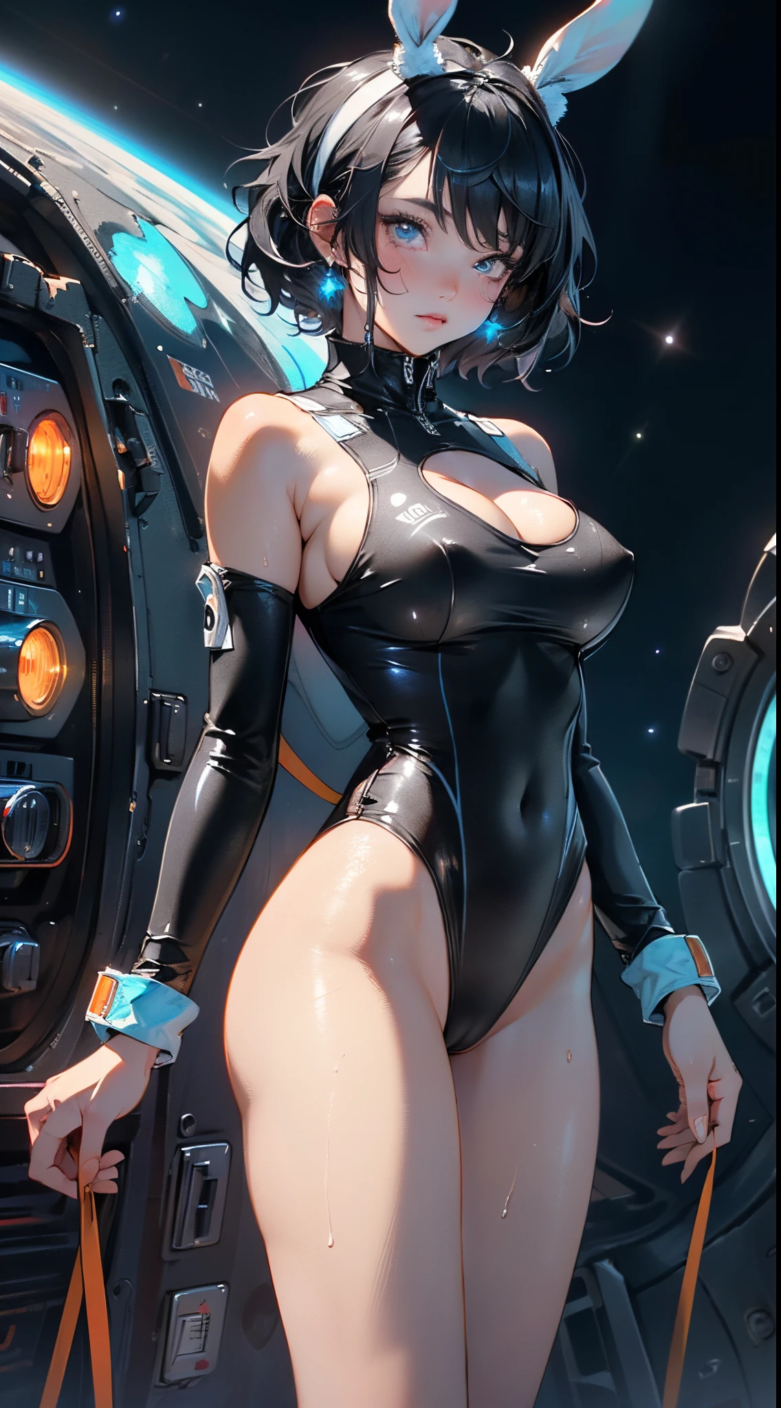 cute bunny girl,(((1girl))),((bunny girl with extremely cute and beautiful black hair)),(((bunny girl,anthro furry cute,bunny-girl,bunny ears,bunny ears on head,big bunny ears))),
(large breasts:1.4),saggy breasts,(((black hair:1.35,colored inner hair,ear breathing,short hair))),((heterochromia:1.5, (pink_eye and blue_eye))),intricate eyes,beautiful detailed eyes,symmetrical eyes,((fat)),(((lustrous skin:1.5,bright skin: 1.5,skin tanned,shiny skin,very shiny skin,shiny body,plastic glitter skin,exaggerated shiny skin,illuminated skin,wet legs))),(spider lower abdomen,narrow waist,wide hip,athletic body,inflated legs, thick thighs,detailed body,(detailed face)),
cute,slutty,seductive,erotic,(((nsfw))),
zettai ryouiki,((slingshot swimsuit black,wearing a slingshot swimsuit outfit:1.3,swimsuit type spacesuit,black armor swimsuit:1.3)),(((huge cleavage))),((wet clothes,intricate outfit,intricate clothes)),
(dynamic pose:1.0),solo focus,embarrassed,(centered,scale to fit dimensions,Rule of thirds),
cyberpunk city by the ocean at night, with bright neon signs and dark stormy clouds and puddles, scenery:1.25,nighttime, starry night, cosmos,Very dark night that makes the neon lights stand out, very bright neon lights,nighttime, starry night, cosmos,
highres, sharp focus, (ultra detailed, extremely detailed), (photorealistic artwork:1.37),(extremely detailed CG unity 8k wallpaper),((synthwave background theme)),(((vibrant colors))),(intricate background),(masterpiece),(best quality),