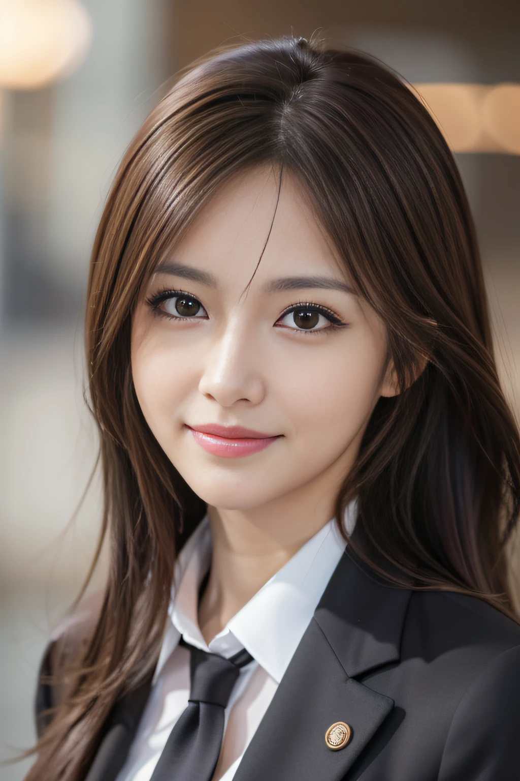 masutepiece, Best Quality, Photorealistic, Ultra-detailed, finely detail, High resolution, 8K Wallpaper, 1 beautiful woman,, light brown messy hair, in a business suit, foco nítido, Perfect dynamic composition, Beautiful detailed eyes, detailed hairs, Detailed realistic skin texture, Smiling, Close-up portrait, Model body type
