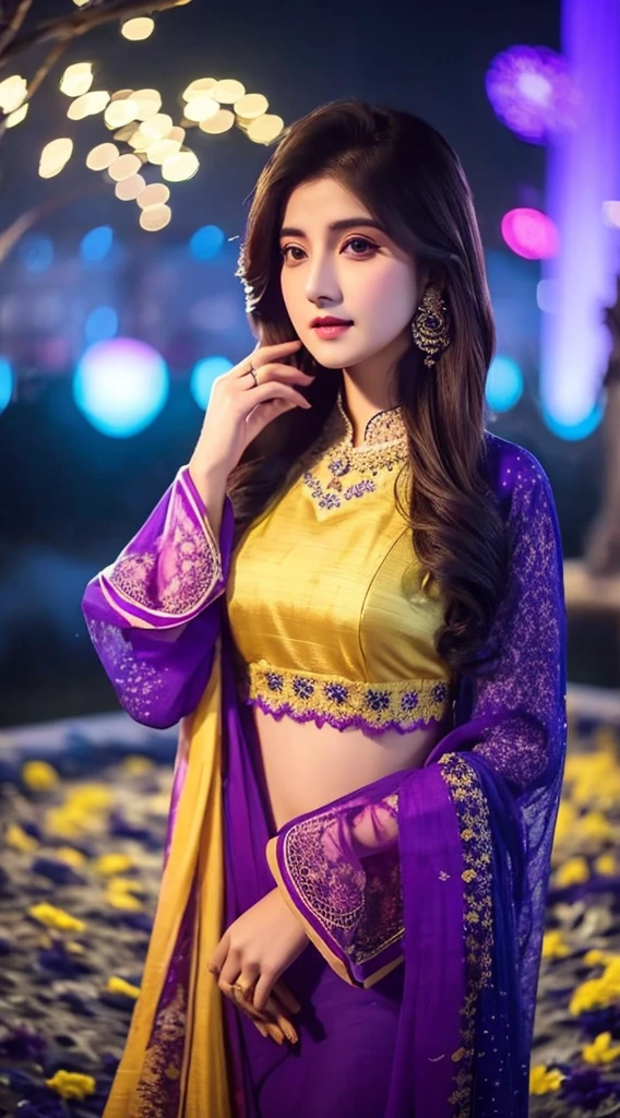 a beautiful gradient magenta-yellow plane georgette,silk , soft , smooth , fabric , chiffon, and attractive suit salvar and dupatta ,3d blue flower lace , kept standing in the moonlight garden and focus on her