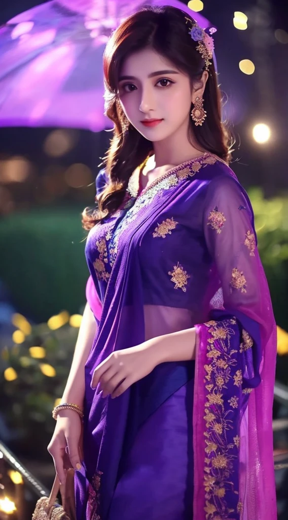 a beautiful gradient magenta-yellow plane georgette,silk , soft , smooth , fabric , chiffon, and attractive suit salvar and dupatta ,3d blue flower lace , kept standing in the moonlight garden and focus on her