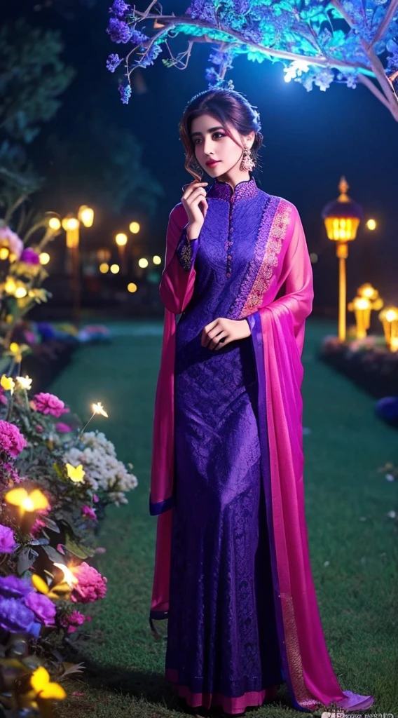 a beautiful  gradient magenta-yellow plane georgette,silk , soft , smooth , fabric , chiffon,  and attractive  suit salvar and dupatta ,3d  blue flower lace , kept standing in the moonlight garden and focus on her