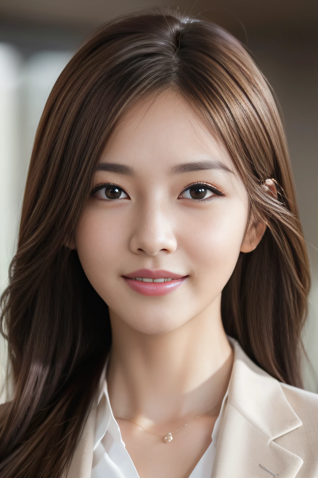 masutepiece, Best Quality, Photorealistic, Ultra-detailed, finely detail, High resolution, 8K Wallpaper, 1 beautiful woman,, light brown messy hair, in a business suit, foco nítido, Perfect dynamic composition, Beautiful detailed eyes, detailed hairs, Detailed realistic skin texture, Smiling, Close-up portrait, Model body type
