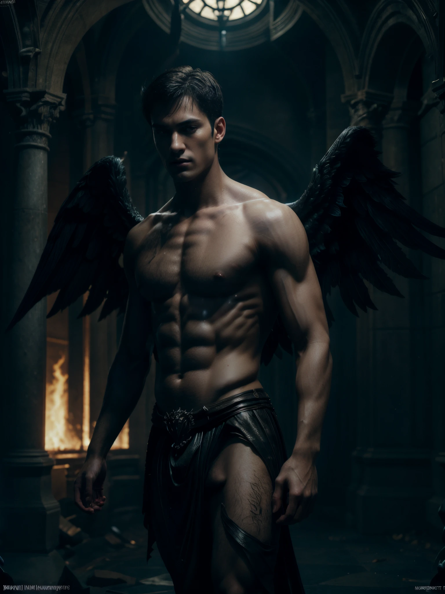 ((masterpiece)),((bestquality)),8k, high detailed, ultra-detailed, Stylish Pose, real skin texture, cinematic lighting, 18 year old male model, handsome, cute looking, evil look, demon horns, white pale skin, blue eyes, short brown messy hair, strong jawline, masculine, defined fit body, hairless chest, shirtless, pantless, sinister aesthetic. gothic architecture, burning ground, (black massive huge Angel wings), barelegged, barefoot, spartan loincloth, male skirt,,, dim light, dark atmosphere, cinematic lighting, backlight, Depth of field, award-winning photography, elegant, hyperrealistic, octane render, unreal, high definition, 8k resolution, highly detailed, 8k uhd, professional lighting, photon mapping, radiosity, physically-based rendering