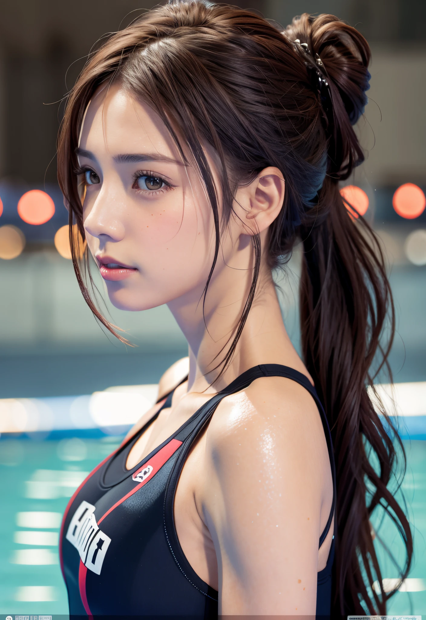 8K, of the highest quality, masutepiece:1.2), (Realistic, Photorealsitic:1.3), of the highest quality, masutepiece, Beautiful young woman, Pensive expression, Thoughtful look, Competitive swimmers、swim wears、Hair tied back, Cinematic background, Light skin tone、wetted skin