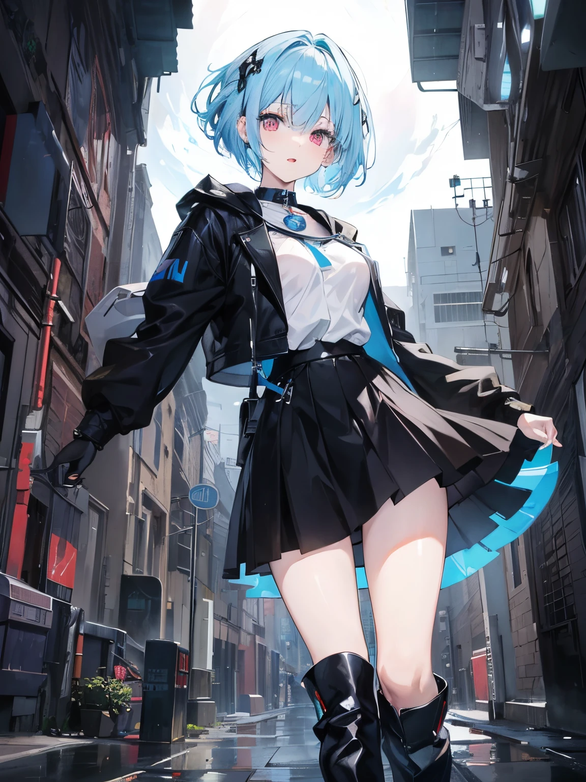 ((masterpiece)), ((best quality)), (ultra-detailed), ((kawaii)), cute, (lovely), ((sexy)), ((extremely detailed)), 4K, (8K), best quality, (beautiful), (anime style:1.2), flat color, painting, BREAK, dynamic pose ((nsfw)), BREAK, upper body, gradation, Beautiful girl with pale blue hair,with hair dishevelled, short pale blue hair,White pupils,The legs are very thin,The legs are long, red eyelashes, MASTERPIECE, BREAK, 1girl ((20 years old)), Rei Ayanami, Black jacket , Black miniskirt, Long stocks, black boots, BREAK, large breasts, Arms Wide open, looking back over shoulder, Smile, open mouth, short hair, (pale blue hair, Deep red Eyes:1.2), Sparkling eyes, (Perfect eyes:1.2), (Perfect iris:1.2), BREAK, (cool), BREAK, shiny-glistening, ultra shiny body, gleaming, Cute face, kawaii, Large breasts, delicate hair, disheveled hair, BREAK, dark night, full moon, castle, ((low camera angle, ground view)) Tall and tall,Thin, 8k, ultrarealistik, oficial art