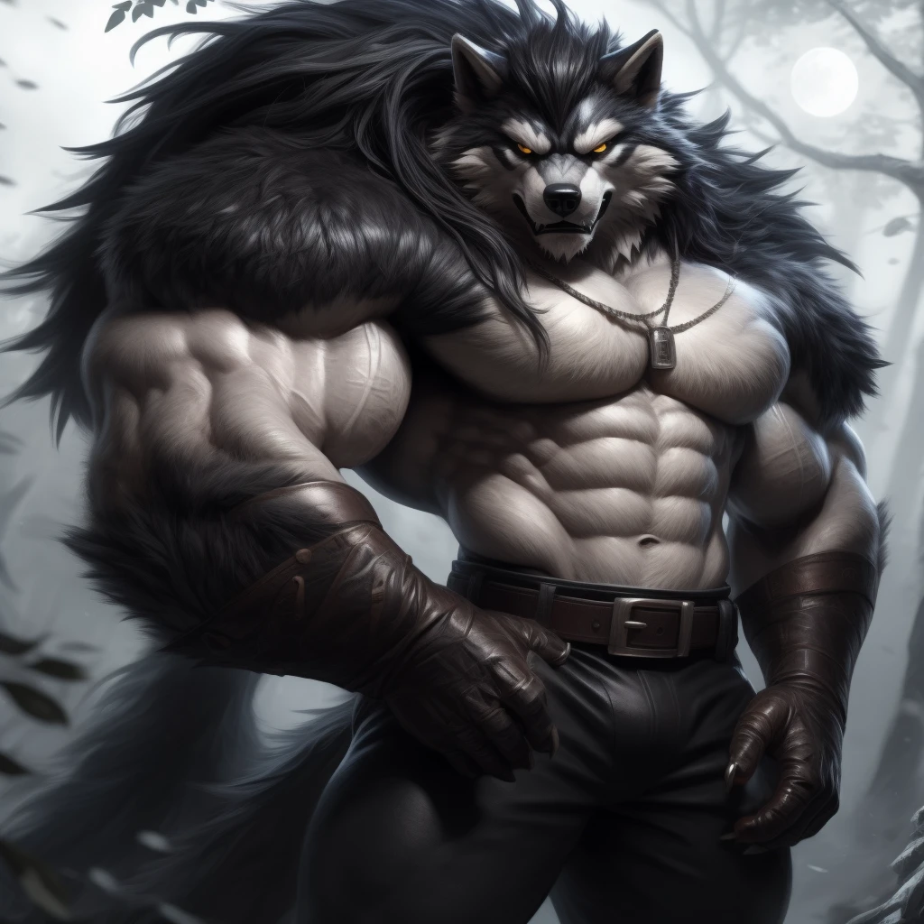 upload on e621, Masterpiece, by Pino Daeni, by null-ghost, by kiyosan, best quality, ultra high res, 4K, 8k HD, 2D, perfect anatomy, digital art, official art, extreme detailed, ultra detailed, strapsanime, color, soft shading, sharp focus, forest woods background, powered up silver thunder aura both arms, 1boy, dark black body fur, silver belly, detailed fluffy fur, ultra detailed face, detailed eyes, detailed iris eyes, detailed yellow eyes, white sclera, black pupils, navel, abs, bare pectoral, black claw nails, furry wolf male, mature male, dark black huge bulky muscular body fur, hyper muscle, giant size, canid, huge muscles, huge pecs, huge biceps, canine, canis, mammal, powerful wolf god, wolf male, fierce face, serious expression, badass, wolf anthro, solo, looking at viewer, standing, wearing full complete sleeveless long black and silver coat/jacket, black and silver full complete sleeveless long coat/jacket, shirtless, dark black longest hair, dark black longest back fur hair, dark black longest hair fur front lay on pecs, hair color match his fur color, perfect fingers, dark black hands and fingers, wearing fingerless black gloves, black gloves, one black armbands on biceps, three black armbands on forearms, one silver moon, large black prayer beads necklace with silver moon teardrop pendant attached to prayer beads necklace rest on his tuft pecs, dark black and silver underside long tail, black long pants with silver designs with belt straps on leg