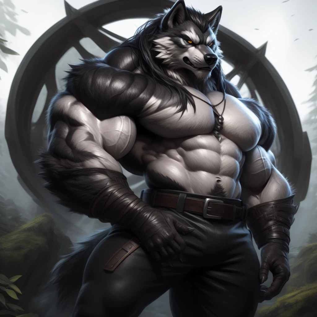 upload on e621, Masterpiece, by Pino Daeni, by null-ghost, by kiyosan, best quality, ultra high res, 4K, 8k HD, 2D, perfect , digital art, official art, extreme detailed, ultra detailed, strapsanime, color, soft shading, sharp focus, forest woods background, powered up silver thunder aura both arms, 1boy, dark black body fur, silver belly, detailed fluffy fur, ultra detailed face, detailed eyes, detailed iris eyes, detailed yellow eyes, white sclera, black pupils, navel, abs,  pectoral, black claw nails, furry wolf male, mature male, dark black huge bulky muscular body fur, hyper muscle, giant size, canid, huge muscles, huge pecs, huge biceps, canine, canis, mammal, powerful wolf god, wolf male, fierce face, serious expression, badass, wolf anthro, solo, looking at viewer, standing, wearing full complete sleeveless long black and silver coat/jacket, black and silver full complete sleeveless long coat/jacket, shirtless, dark black longest hair, dark black longest back fur hair, dark black longest hair fur front lay on pecs, hair color match his fur color, perfect fingers, dark black hands and fingers, wearing fingerless black gloves, black gloves, one black armbands on biceps, three black armbands on forearms, one silver moon, large black prayer beads necklace with silver moon teardrop pendant attached to prayer beads necklace rest on his tuft pecs, dark black and silver underside long tail, black long pants with silver designs with belt straps on leg