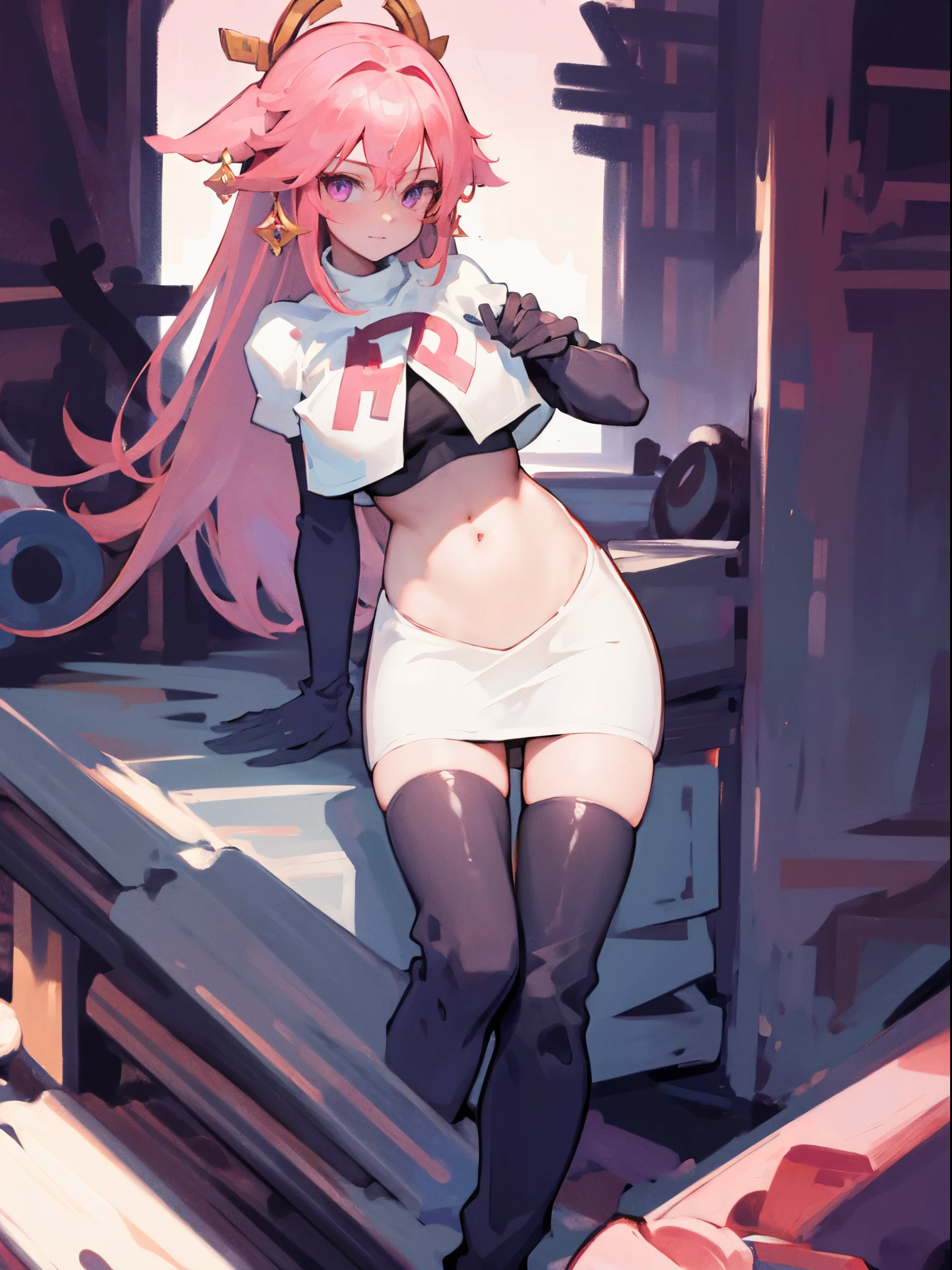 ((Highest quality)), ((masterpiece)), (detailed), One girl, hoodie, Underboob, Twin tails, Red eyes, grin, Provocative, blush, Boy on knee pillow