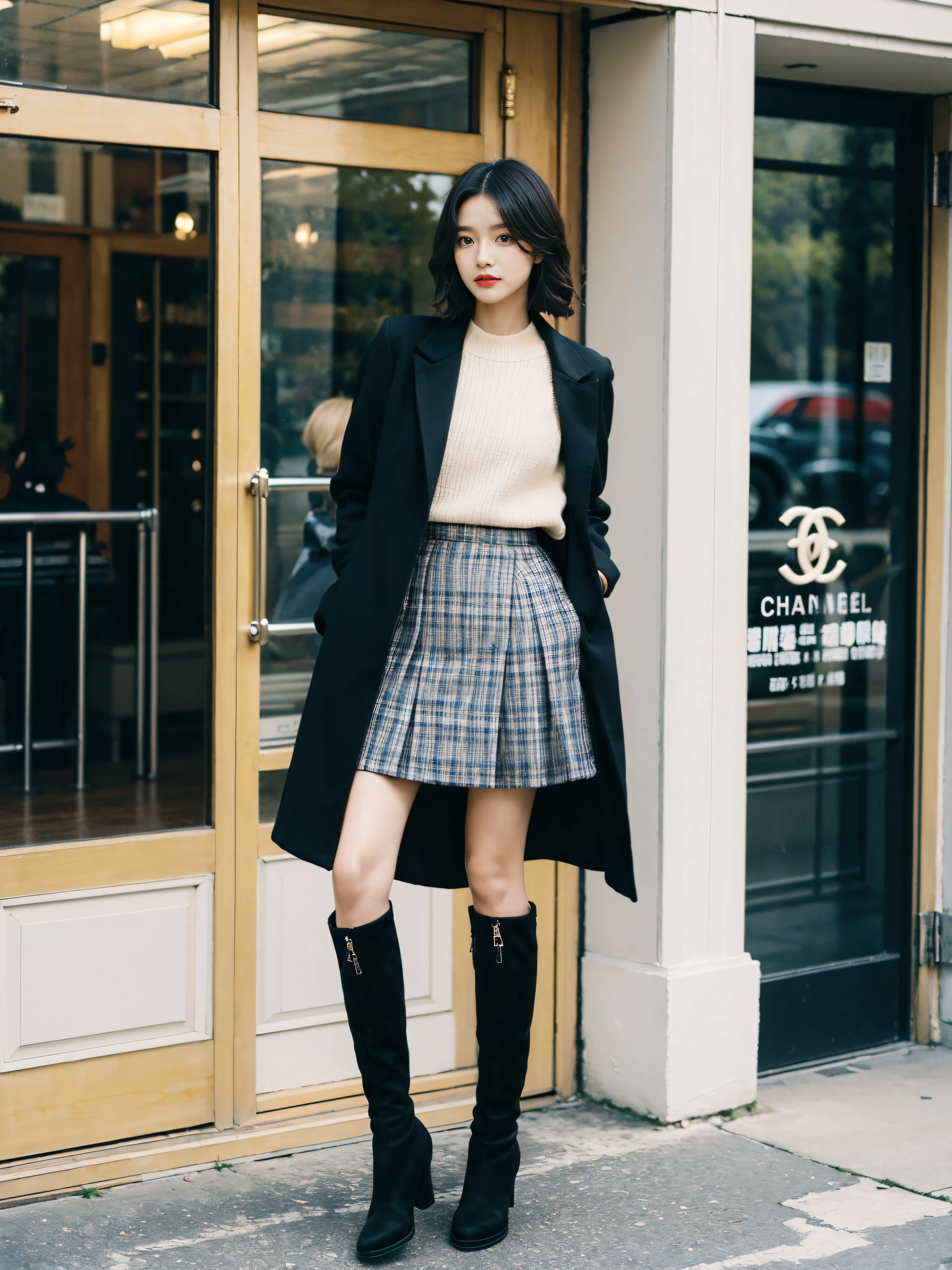 Best quality,tmasterpiece,超高分辨率,(actual:1.4),RAW photos,hyper HD，8K，There is one girl，Stylish clothes,Chanel style，Stylish skinny suit, wearing jacket and skirt,high-class fashion，ellegance, short skirt and a long jacket, tigh-high boots，Over-the-knee boots，Casual pose