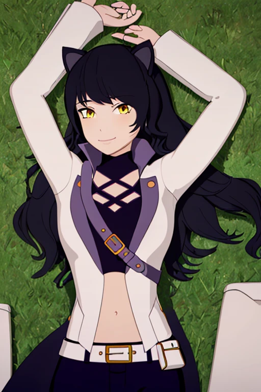 ((masterpiece,best quality)), 
Blake_RWBY,   1girl, solo, black hair, long hair, cat ears, animal ears, yellow eyes,
 belt, midriff, pants, jacket, 
solo, smiling, looking at viewer, solo, smile, cowboy shot, lying, on back, on grass, arms up, blue pants. closed mouth,
cinematic composition,