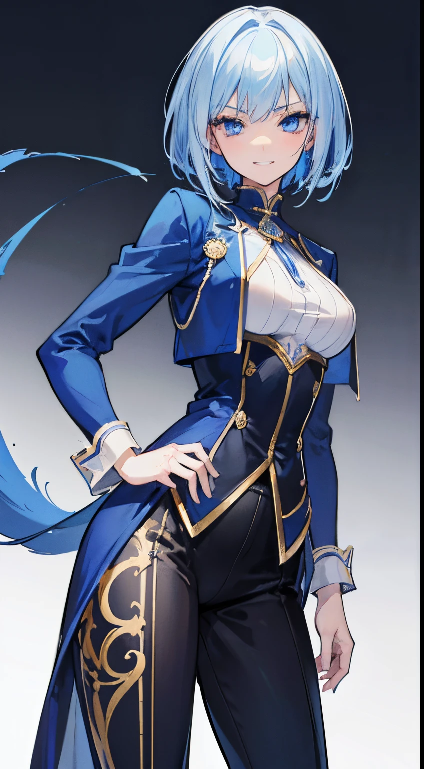 18 year old beautiful girl, Big blue eyes, Large breasts, Petite and slender, , ((light bege hair,)),(thin low tail cut hair), in 8K, of the highest quality, (Highly detailed head: 1.0), (Very detailed face: 1.0), (very detail hair: 1.0),men&#39;s tailcoat, Detailed official artwork, anime moe art style, clean detailed anime art, confident grin