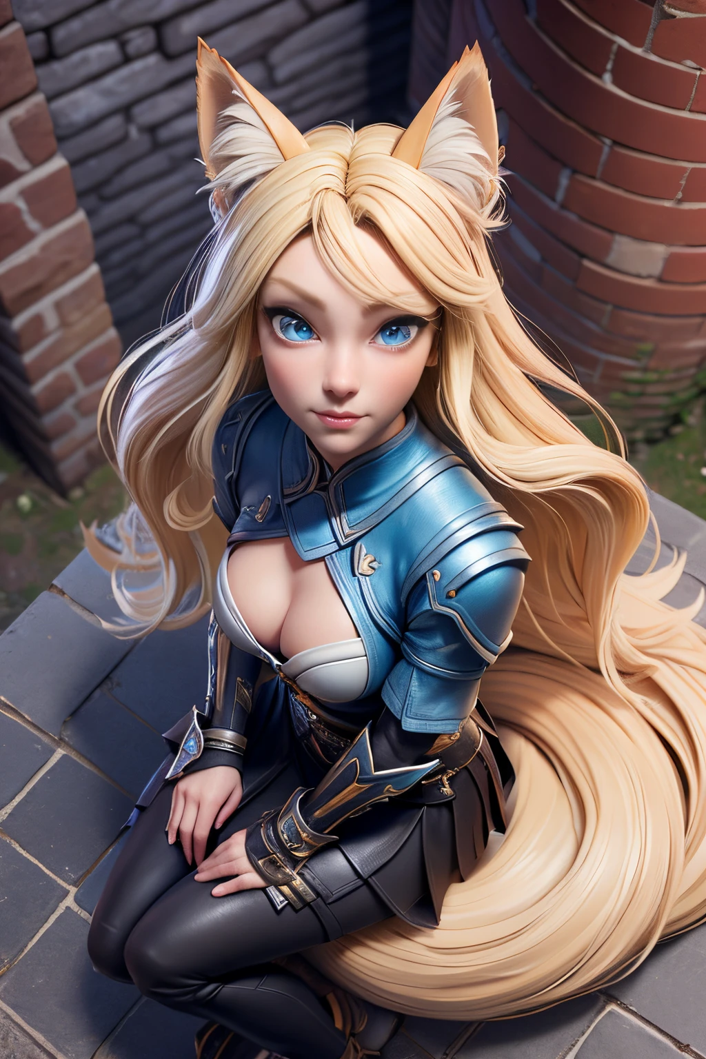 Beautiful 1girl, full body, teenager, solo, (very long waist length blonde hair, straight blonde hair: 1.28), ((light blue eyes)), clear skin, (large darker fox ears: 1.35), pale skin, medium breasts, cleavage, (thin hips, thin waist , athletic body: 1.25), background, looking away, ((wearing leather Warcraft leather armor, leather warrior skirt, sky blue leather: 1.1), looking at viewer, (sitting, looking up at viewer: 1.22),), on castle rooftop, masterpiece, best quality,3d rending work ,3DMM style, close-up, portrait, 3D,