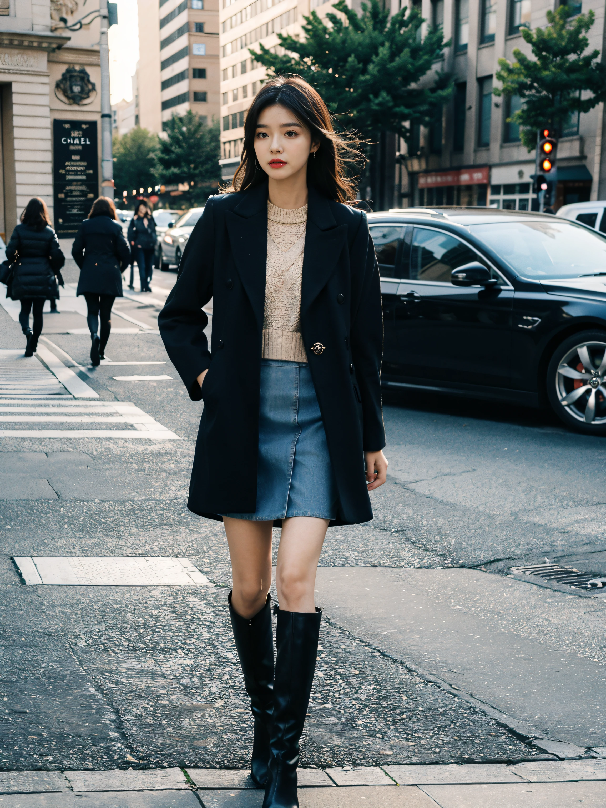 Best quality,tmasterpiece,超高分辨率,(actual:1.4),RAW photos,hyper HD,8K,There is one girl,Stylish clothes,Chanel style,Stylish skinny suit, wearing jacket and skirt,high-class fashion,ellegance, short skirt and a long jacket, tigh-high boots,Over-the-knee boots,Casual pose