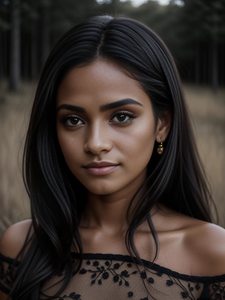 Generar una imagen de una mujer negra con cabello largo y un hermoso, delicado, and symmetrical face. Usa un objetivo de 85 mm para crear una profundidad de campo reducida y un fondo borroso, Permitir que el sujeto se destaque. Use the Canon EOS R5 camera with an aperture setting of F1.2 for a dreamy and romantic feel to the image.