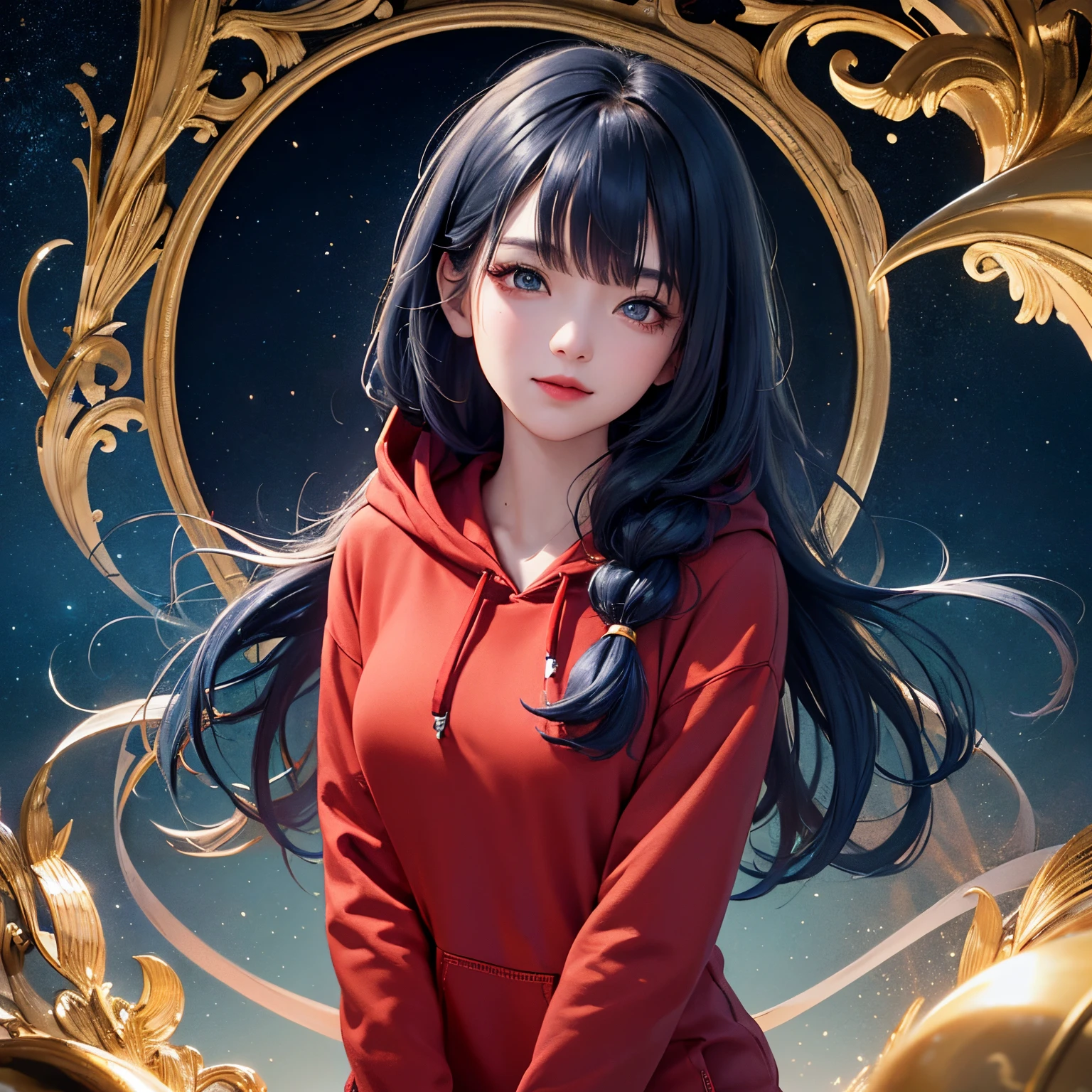 (Highly detailed: 1.2), (Canon EOS R6 Top Quality: 1.2), Detailed face, (award - winning photo: 1.2), ( ultra-detailed hair: 1.2), (Full body: 1.2), RPG, Dramatic Writing, (cosmic space:1.2), (scientific fiction: 1.2), professional portrait photo, ((blue and gold mesh hair)), short-hair, Shiny hair, Wet hair, Mole under the eyes, Heart-shaped pupil, Gradient Eyes, Smile with the corners of your mouth raised, Cinematic lighting, reflective light, One-person viewpoint, three sided view, Textured skin, Super Detail,((casual red hoodie)),