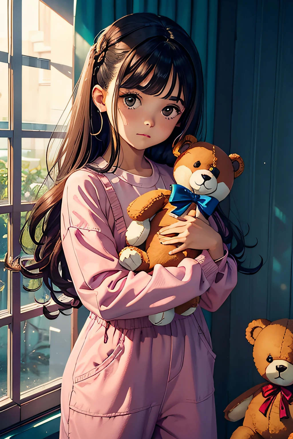 , 7 anos, alta, fofa, cabelos ruivos, holding a teddy bear, wearing a cute jumpsuit, penteado fofo no cabelo cacheado, pele branca e bochechas rosadas, make her stand holding a big teddy bear in her arms.