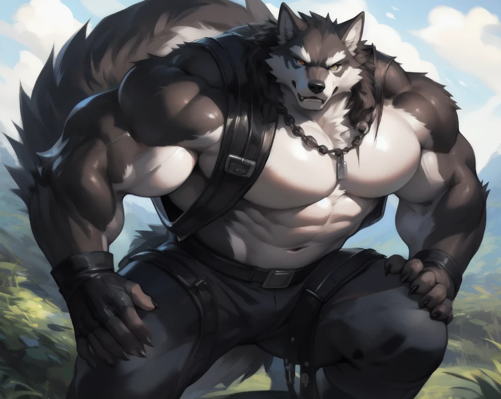 upload on e621, Masterpiece, by Pino Daeni, by null-ghost, by kiyosan, best quality, ultra high res, 4K, 8k HD, 2D, perfect anatomy, digital art, official art, extreme detailed, ultra detailed, strapsanime, color, soft shading, sharp focus, forest woods background, powered up silver thunder aura both arms, 1boy, dark black body fur, silver belly, detailed fluffy fur, ultra detailed face, detailed eyes, detailed iris eyes, detailed yellow eyes, white sclera, black pupils, navel, abs, bare pectoral, black claw nails, furry wolf male, mature male, dark black huge bulky muscular body fur, hyper muscle, giant size, canid, huge muscles, huge pecs, huge biceps, canine, canis, mammal, powerful wolf god, wolf male, fierce face, serious expression, badass, wolf anthro, solo, looking at viewer, standing, wearing full complete sleeveless long black and silver coat/jacket, black and silver full complete sleeveless long coat/jacket, shirtless, dark black longest hair, dark black longest back fur hair, dark black longest hair fur front lay on pecs, hair color match his fur color, perfect fingers, dark black hands and fingers, wearing fingerless black gloves, black gloves, one black armbands on biceps, three black armbands on forearms, one silver moon, large black prayer beads necklace with silver moon teardrop pendant attached to prayer beads necklace rest on his tuft pecs, dark black and silver underside long tail, black long pants with silver designs with belt straps on leg