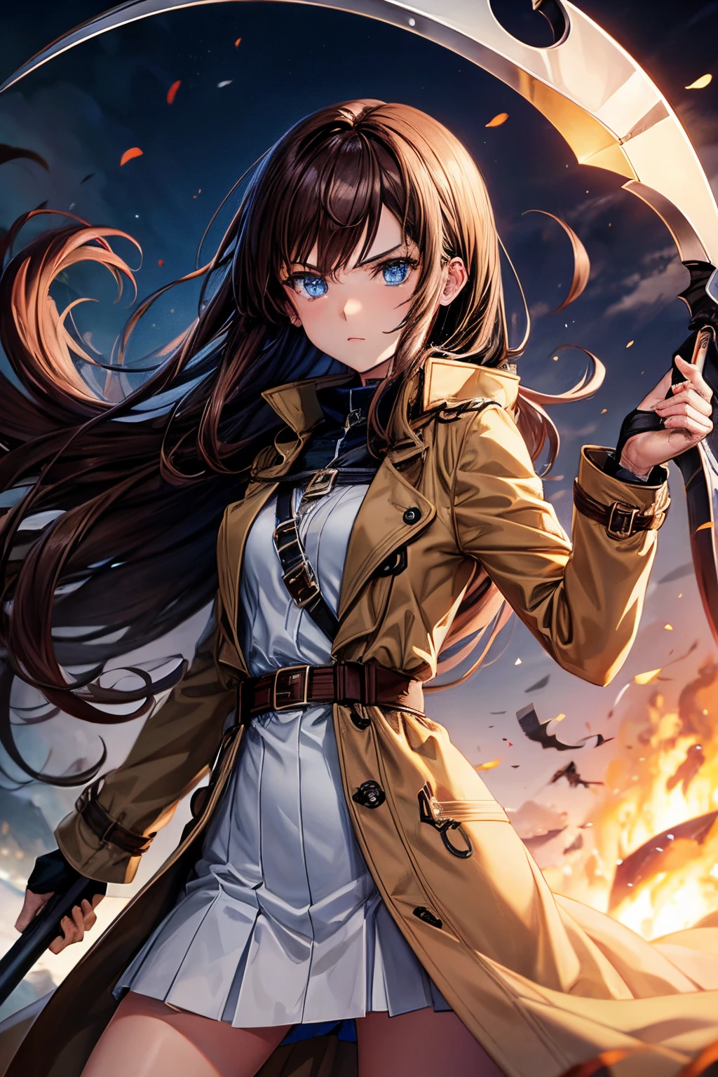 anime girl, brown hair, perfect body, one blue eye, arm mechanic, serious face, trench coat,
scythe.