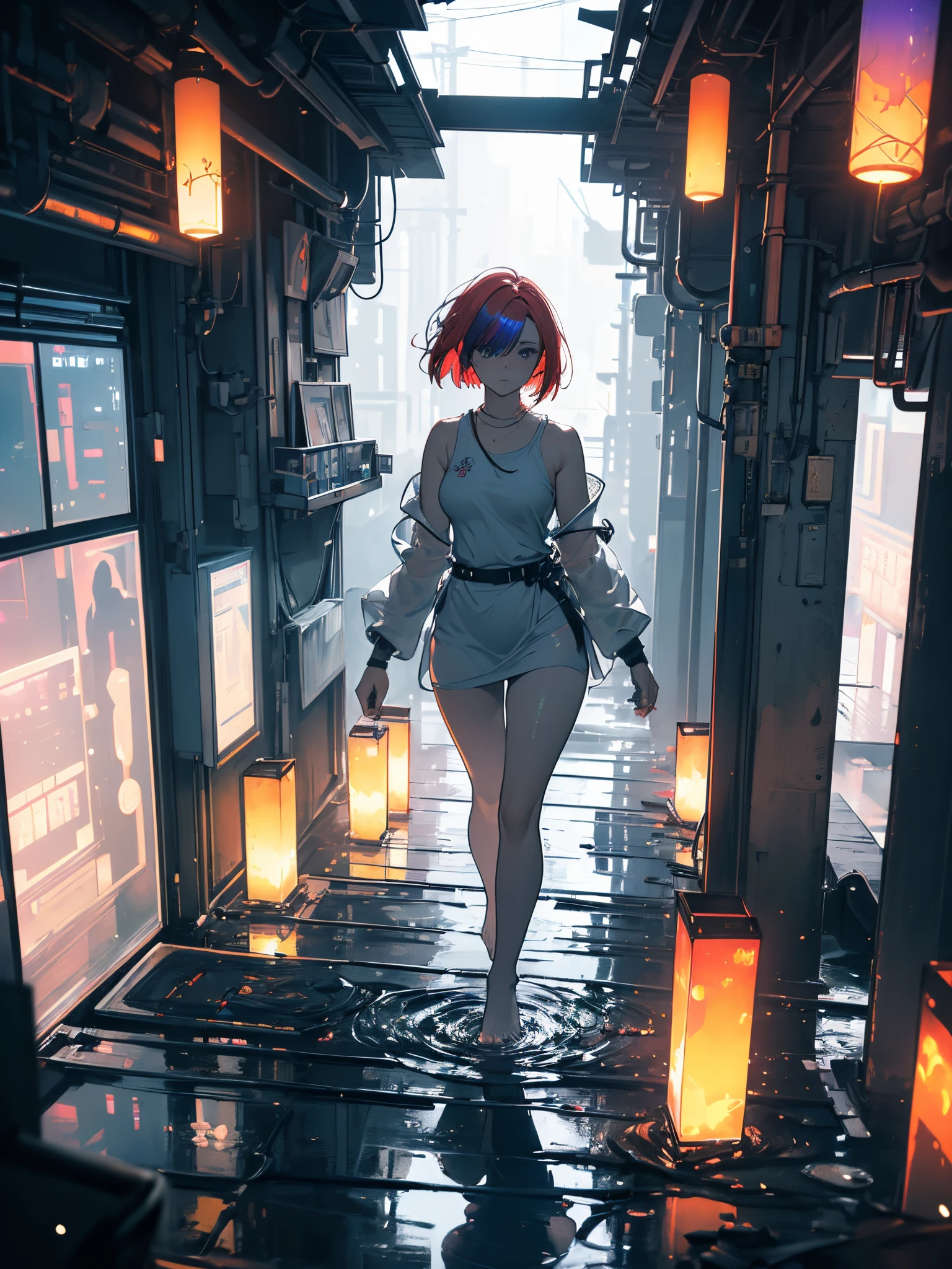 Girl with deceased eyes, with bandages covering the upper part of her body, red hair, short bob hair, bare feet, stepping in a puddle of water, full body, thick legs, small breasts, big booty, {wallpaper extremely detailed 16k CG unit}, expansive landscape photography, (a low view with focus on the character and setting), (wide open field view), (low angle shot), (high light: 1.2), ( low light: 1.5), (warm light source: 1.2), complex details, (iridescent colors: 1.5), (bright lighting), (atmospheric lighting), dreamy, unique, realistic reflections