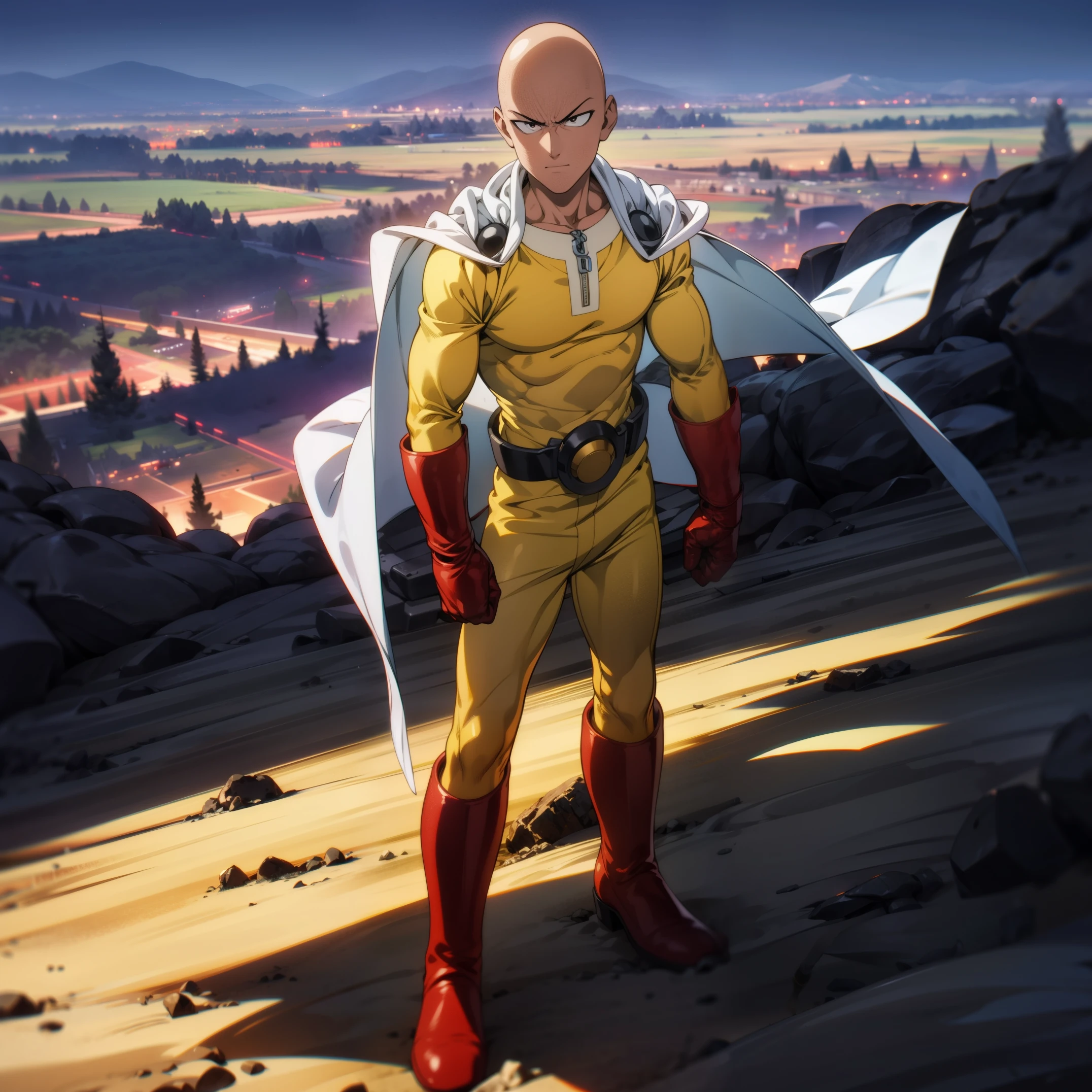 masterpiece, best quality, 1boy, (saitama), bald head, black eyes, red gloves and red boots, yellow clothes and white cape, standing on mountain, angry face, completely mad, fighting position, posting to giving punch, sunny day, beautiful mountain hills and forests, beautiful scenery, detailed face, evil smile, aura power, night, natural light, standing, male focus, strong muscles, movie composition, deth of field, bokeh, (futuristic), (full body),