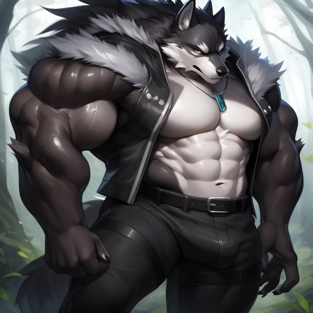 upload on e621, Masterpiece, by Pino Daeni, by null-ghost, by kiyosan, best quality, ultra high res, 4K, 8k HD, 2D, perfect anatomy, digital art, official art, extreme detailed, ultra detailed, strapsanime, color, soft shading, sharp focus, forest woods background, powered up silver thunder aura both arms, 1boy, dark black body fur, silver belly, detailed fluffy fur, ultra detailed face, detailed eyes, detailed iris eyes, detailed yellow eyes, white sclera, black pupils, navel, abs, bare pectoral, black claw nails, furry wolf male, mature male, dark black huge bulky muscular body fur, hyper muscle, giant size, canid, huge muscles, huge pecs, huge biceps, canine, canis, mammal, powerful wolf god, wolf male, fierce face, serious expression, badass, wolf anthro, solo, looking at viewer, standing, wearing full complete sleeveless long black and silver coat/jacket, black and silver full complete sleeveless long coat/jacket, shirtless, dark black longest hair, dark black longest back fur hair, dark black longest hair fur front lay on pecs, hair color match his fur color, perfect fingers, dark black hands and fingers, wearing fingerless black gloves, black gloves, one black armbands on biceps, three black armbands on forearms, one silver moon, large black prayer beads necklace with silver moon teardrop pendant attached to prayer beads necklace rest on his tuft pecs, dark black and silver underside long tail, black long pants with silver designs with belt straps on leg