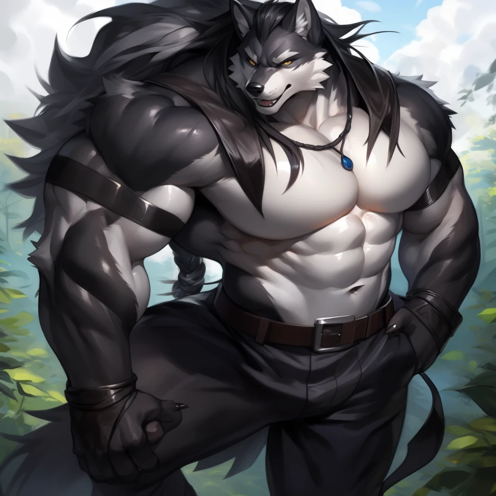 upload on e621, Masterpiece, by Pino Daeni, by null-ghost, by kiyosan, best quality, ultra high res, 4K, 8k HD, 2D, perfect anatomy, digital art, official art, extreme detailed, ultra detailed, strapsanime, color, soft shading, sharp focus, forest woods background, powered up silver thunder aura both arms, 1boy, dark black body fur, silver belly, detailed fluffy fur, ultra detailed face, detailed eyes, detailed iris eyes, detailed yellow eyes, white sclera, black pupils, navel, abs, bare pectoral, black claw nails, furry wolf male, mature male, dark black huge bulky muscular body fur, hyper muscle, giant size, canid, huge muscles, huge pecs, huge biceps, canine, canis, mammal, powerful wolf god, wolf male, fierce face, serious expression, badass, wolf anthro, solo, looking at viewer, standing, wearing full complete sleeveless long black and silver coat/jacket, black and silver full complete sleeveless long coat/jacket, shirtless, dark black longest hair, dark black longest back fur hair, dark black longest hair fur front lay on pecs, hair color match his fur color, perfect fingers, dark black hands and fingers, wearing fingerless black gloves, black gloves, one black armbands on biceps, three black armbands on forearms, one silver moon, large black prayer beads necklace with silver moon teardrop pendant attached to prayer beads necklace rest on his tuft pecs, dark black and silver underside long tail, black long pants with silver designs with belt straps on leg