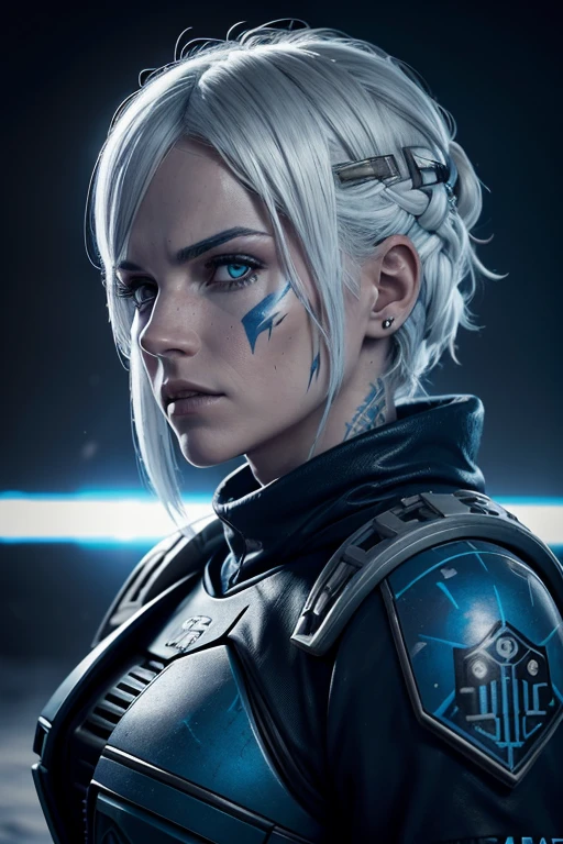 (best quality,highres),Female Jack Frost,Mandalorian,cold environment,white hair,white eyes,blue tribal tattoo on face,two plasma pistols,star wars battle scene,desert landscape,portraits,sci-fi,sharp focus,blue color tones,dramatic lighting