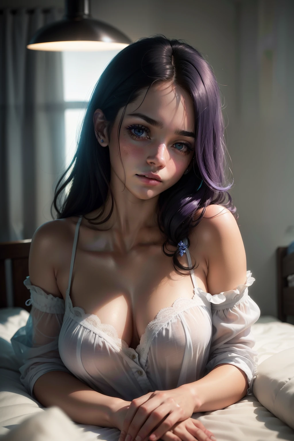 Photo of a 20-year-old Russian girl, ojos azules, ...RAW, beautiful woman, (cabello rubio ondulado extra largo), ((retrato)), ((Cara detallada:1.2)), ((Detailed facial features. Piel con detalles detallados.), pale-skin, , wrapped in a sheet, Ambiente del dormitorio, Sentado en la cama, (cool color), humid, humid, reflectorasutepiece) (Proporciones perfectas)(Realistic photo quality) (Detallado) fotografiado con una EOS R5 de Canon, Lente de 50 mm, f/2.8, NFFSW, (8k) (papel tapiz) (Cinematic lighting) (dramatic lighting au point nette) (complicado) modo, desde arriba