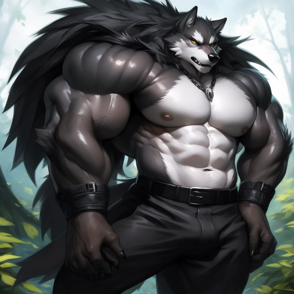 upload on e621, Masterpiece, by Pino Daeni, by null-ghost, by kiyosan, best quality, ultra high res, 4K, 8k HD, 2D, perfect anatomy, digital art, official art, extreme detailed, ultra detailed, strapsanime, color, soft shading, sharp focus, forest woods background, powered up silver thunder aura both arms, 1boy, dark black body fur, silver belly, detailed fluffy fur, ultra detailed face, detailed eyes, detailed iris eyes, detailed yellow eyes, white sclera, black pupils, navel, abs, bare pectoral, black claw nails, furry wolf male, mature male, dark black huge bulky muscular body fur, hyper muscle, giant size, canid, huge muscles, huge pecs, huge biceps, canine, canis, mammal, powerful wolf god, wolf male, fierce face, serious expression, badass, wolf anthro, solo, looking at viewer, standing, wearing full complete sleeveless long black and silver coat/jacket, black and silver full complete sleeveless long coat/jacket, shirtless, dark black longest hair, dark black longest back fur hair, dark black longest hair fur front lay on pecs, hair color match his fur color, perfect fingers, dark black hands and fingers, wearing fingerless black gloves, black gloves, one black armbands on biceps, three black armbands on forearms, one silver moon, large black prayer beads necklace with silver moon teardrop pendant attached to prayer beads necklace rest on his tuft pecs, dark black and silver underside long tail, black long pants with silver designs with belt straps on leg