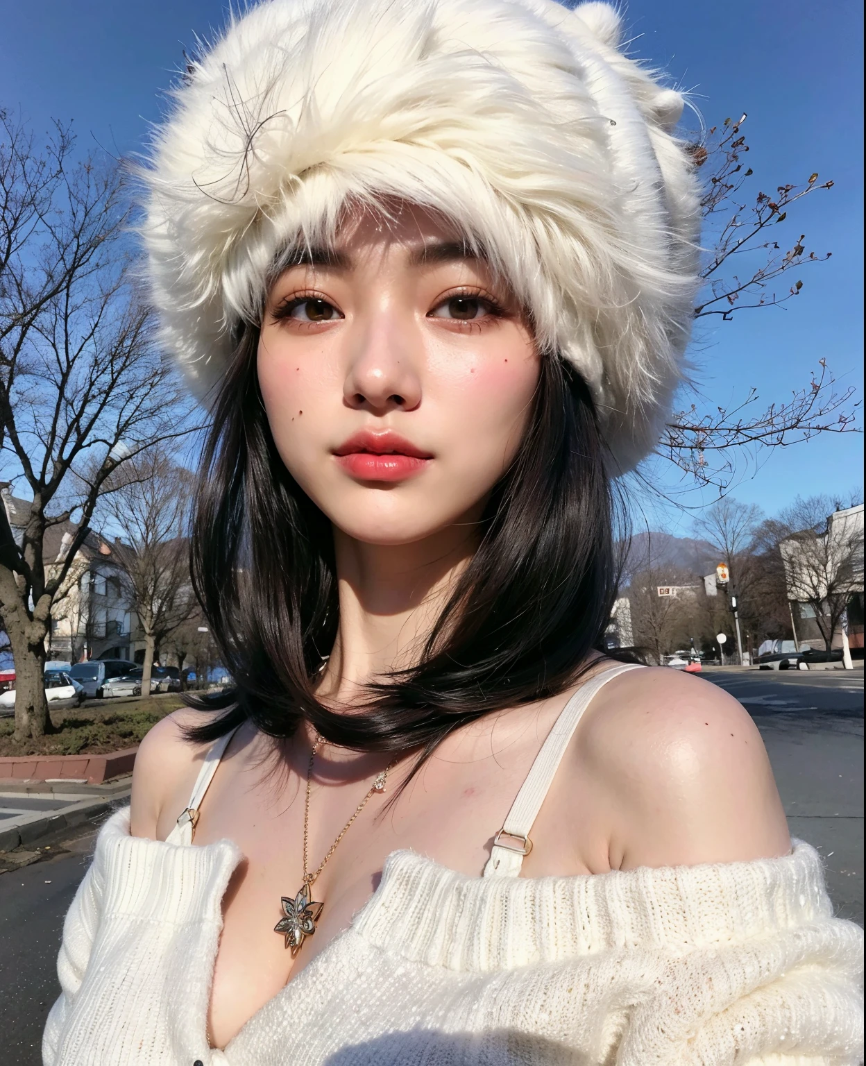 araffe woman wearing a white sweater and a furry hat, Mulher sul-coreana bonita, coreana, linda mulher coreana jovem, mulher coreana jovem bonita, Ulzzang, com pelo fofo branco, Heonhwa Choe, Mulher coreana, young adorable korean face, wan adorable korean face, wearing a cute hat, pale snow white skin, branco hime corte penteado