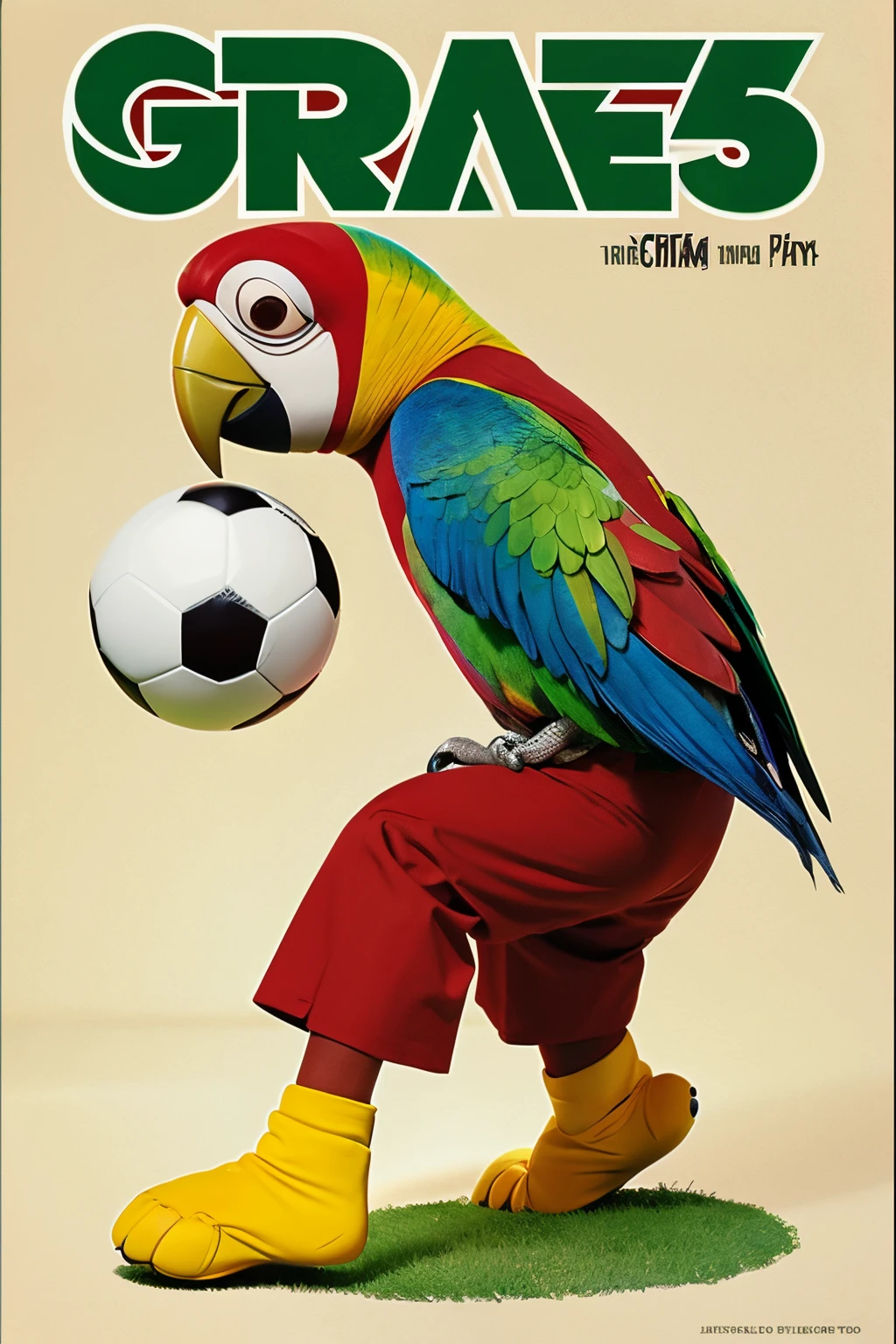 estilo poster de filme pixar, Pagodeiro parrot comic character Zé Carioca playing football in red colors, verde e branco