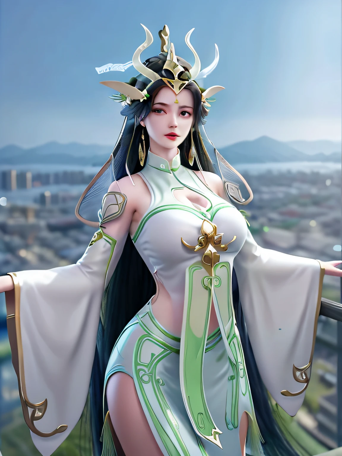 1 busty girl,hair adornments,Long gray hair,ear nipple ring,Forehead imprints,a skirt,looking over city,natta,,cow boy shooting,looking at viewert,longer sleeves, Chinese clothes,Manicured neatly,1 lush willow tree